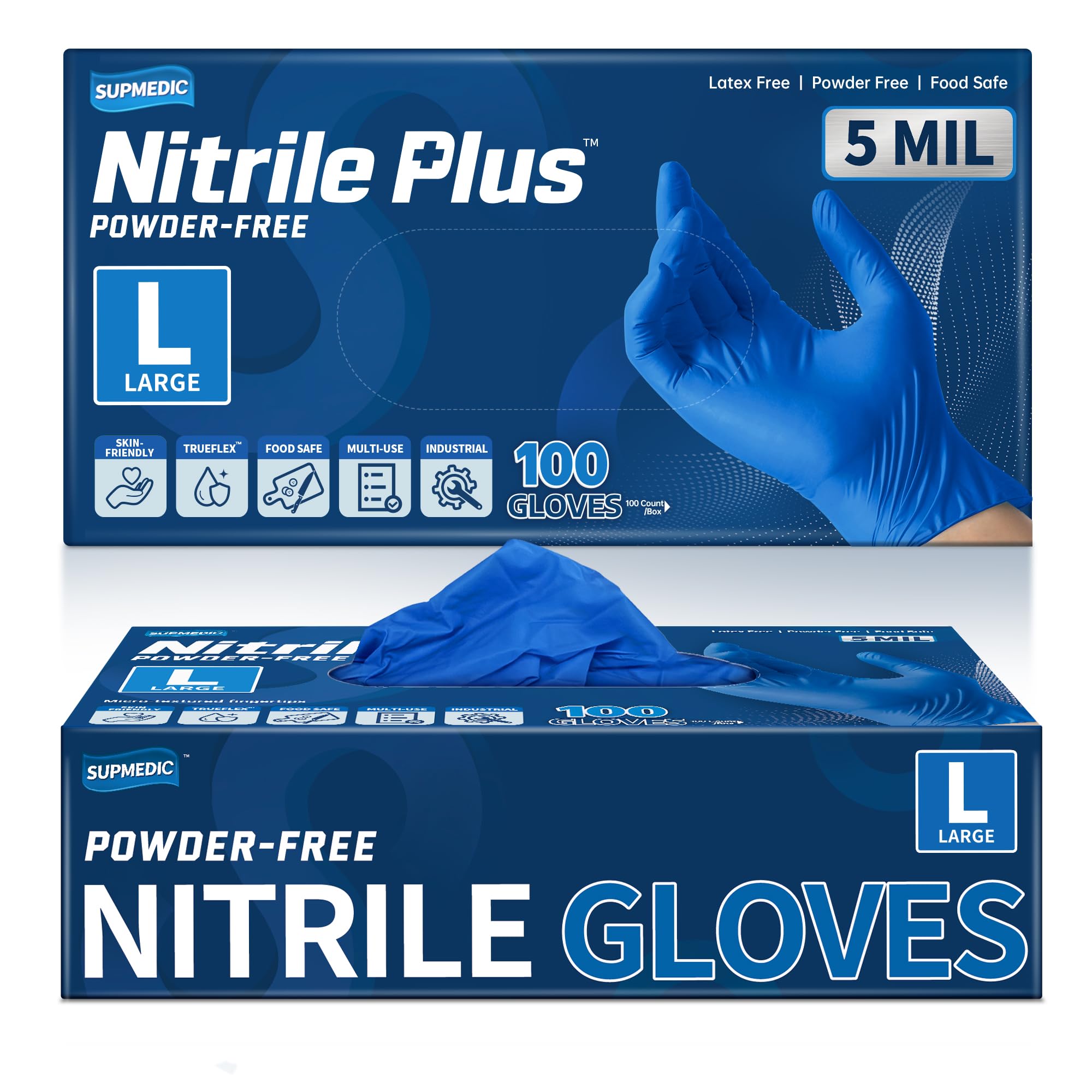 Supmedic Nitrile+ Disposable Gloves, 5 Mil Latex &amp; Powder-Free Glove 100 Ct