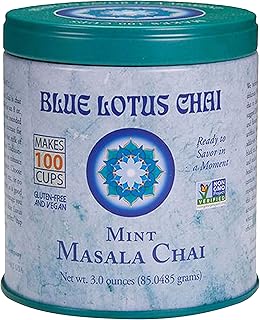 Blue Lotus Chai - Mint Masala Chai - Makes 100 Cups - 3 Ounce Masala Spiced Chai Powder with Organic Spices - Instant Indian Tea No Steeping - No Gluten