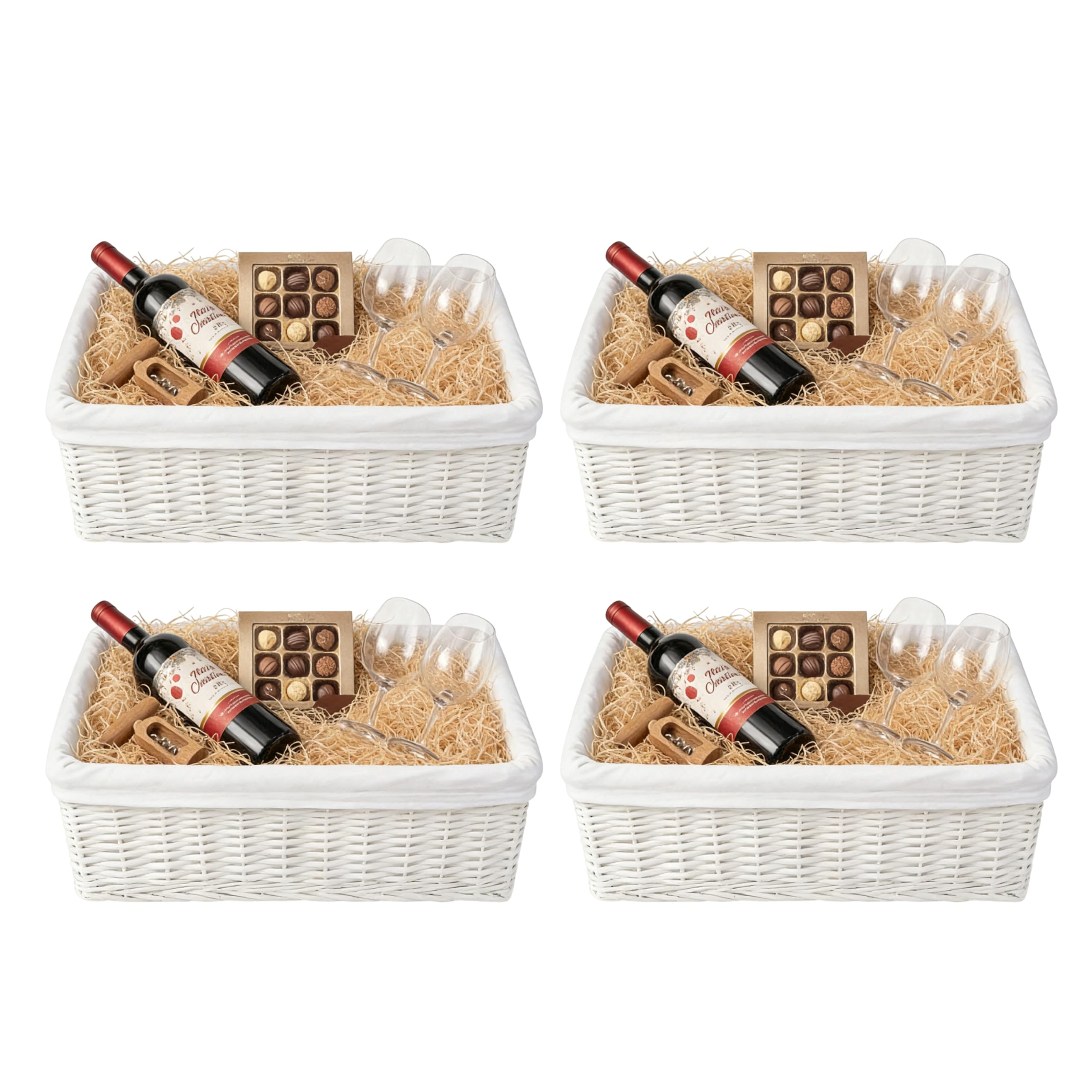 H-LINE 4 x LARGE White Wicker Willow Storage Baskets with Cloth Lining Ideal for Christmas/Easter/Newborn Gift Hamper, Make Your Own Hamper