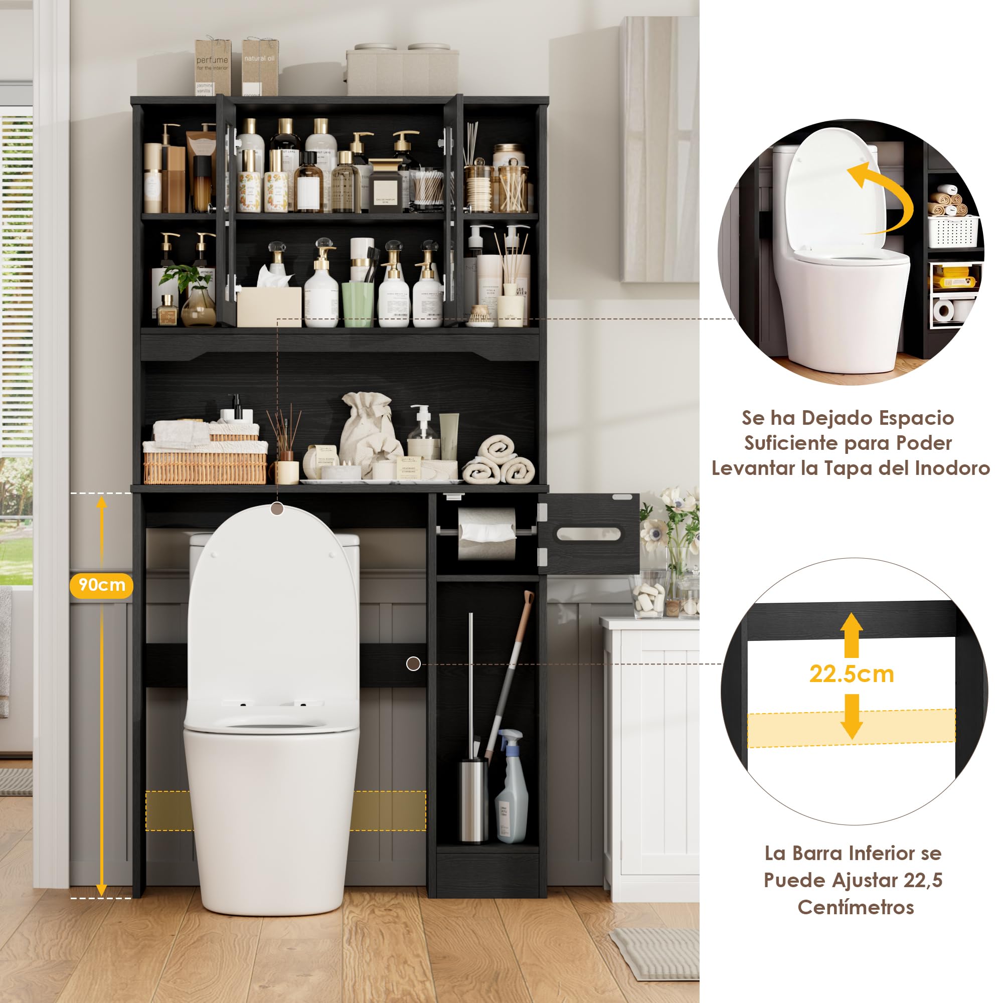 FOREHILL 173cm Mueble sobre Inodoro, Armario Baño, Gran Capacidad, Negro | Mueble Alto para Lavadora, Estanteria Baño, con Estante Ajustable, 2 Puertas, Soporte para Papel Higiénico, 89x20x173cm