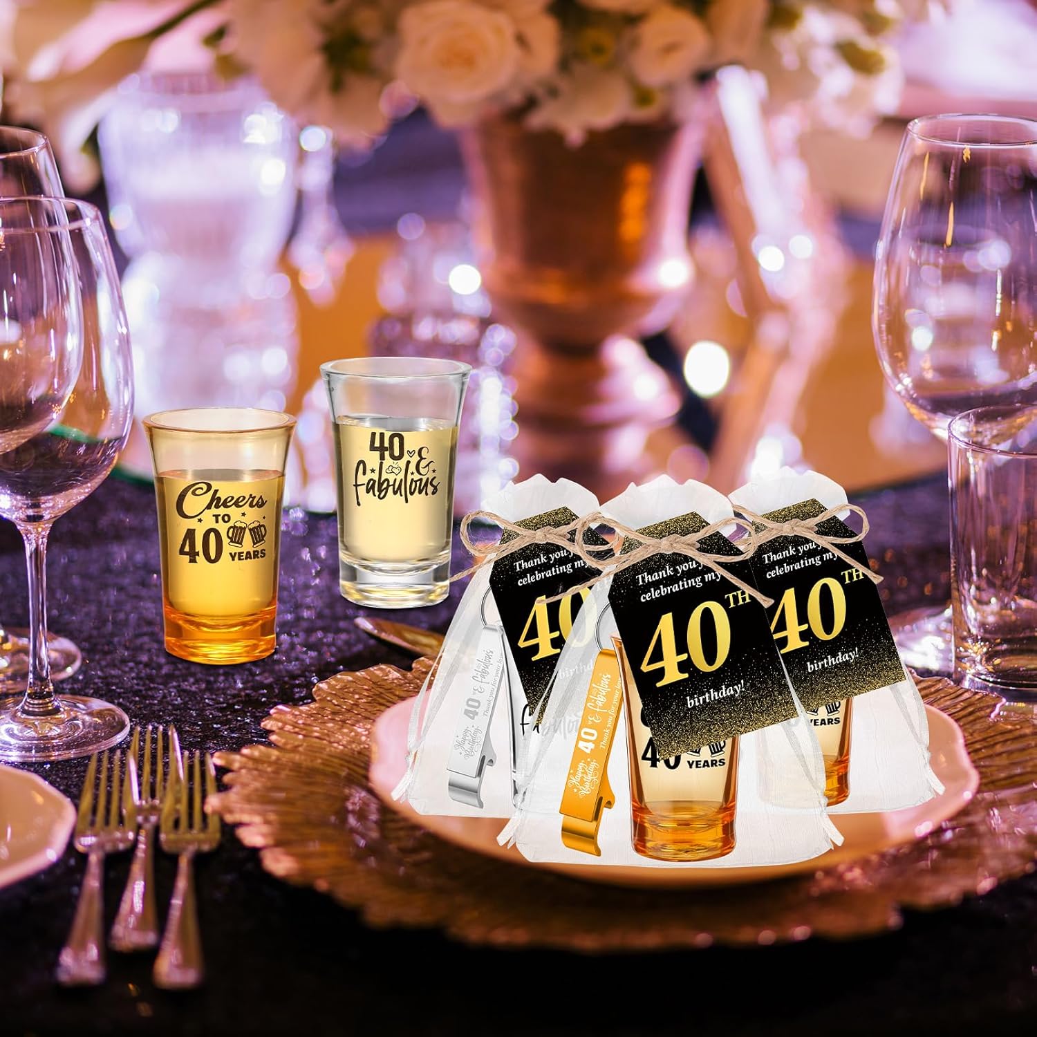 Domensi 50 Sets 40th Birthday Party for Guests Bulk Include Cheers to 40 Short Glasses Beer Bottle Opener Keychains Thank You Cards with Gift Bags and Ropes for Birthday Party Gifts