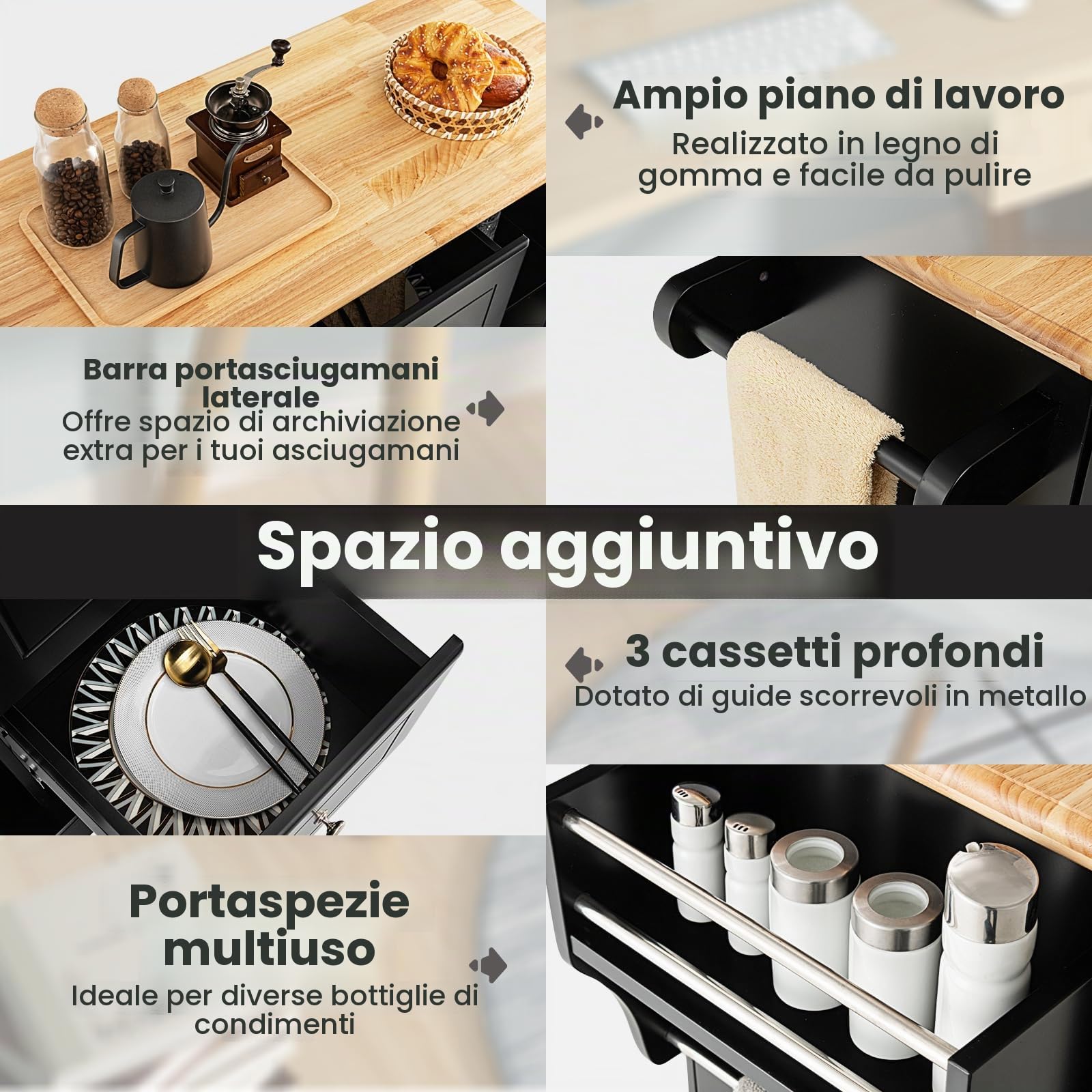 KOMFOTTEU Carrello da Cucina in Legno di Quercia con 2 Armadi e 3 Cassetti, Credenza con 5 Rotelle e Cerniere in Metallo, Isola da Cucina per Soggiorno e Sala da Pranzo (Nero)