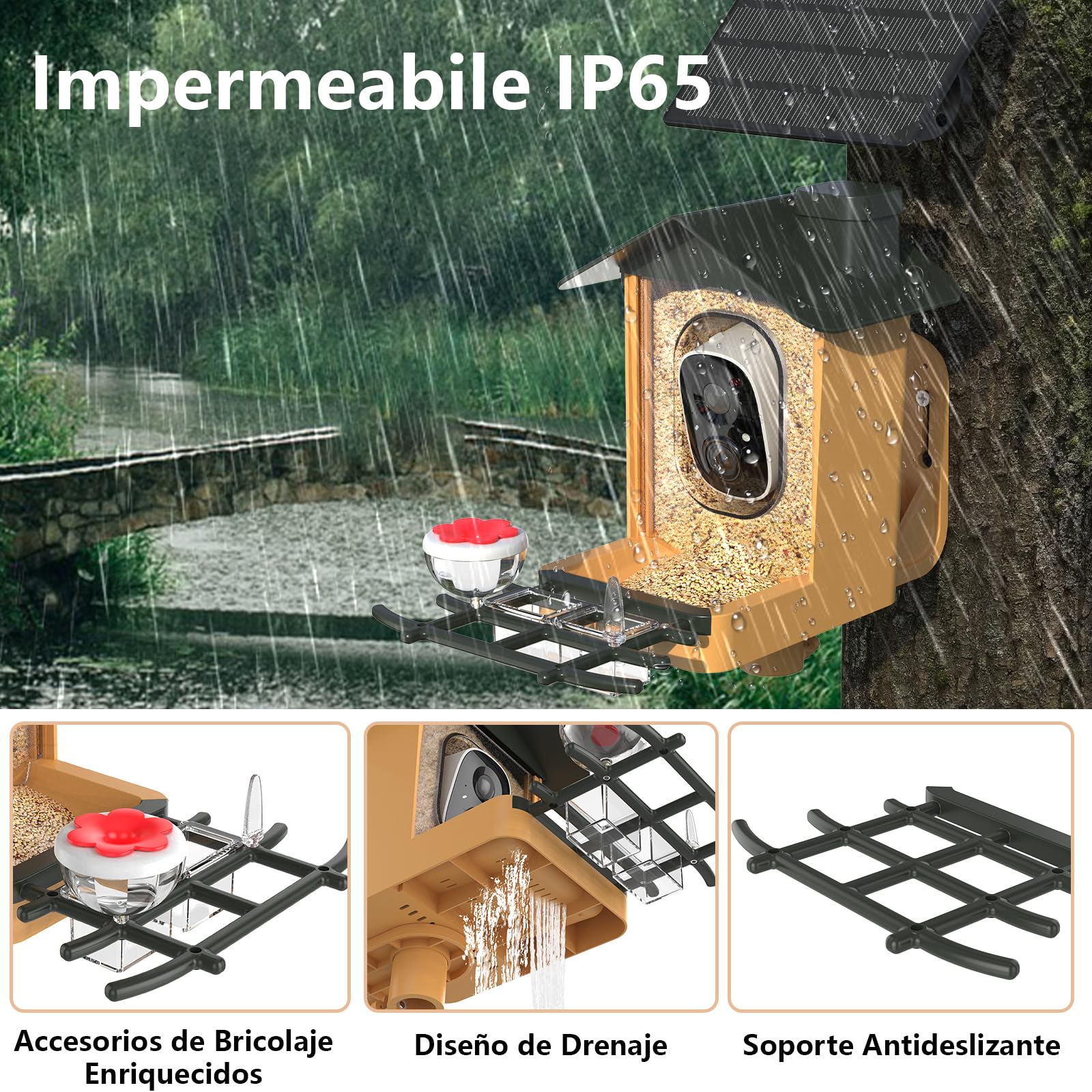 Comedero Pajaros con Cámara 2K HD AI identifica 10000+ Pájaros Solar Comedero Pajaros Exterior Notificación Instantánea Impermeable IP65 Almacenamiento en Nube Captura Automática Imagen/Videos