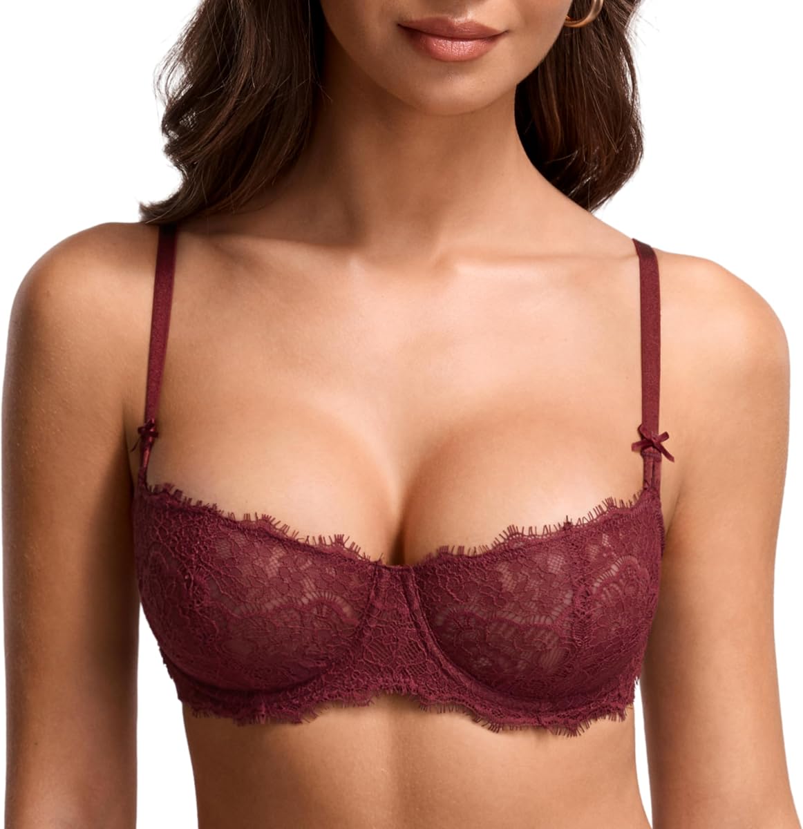 DOBREVA Women's Eyelash Lace Balconette Bra Plus Size | Jomarley Lace, Underwire, Unlined, Push up, See Through, Convrtible Straps, Sexy