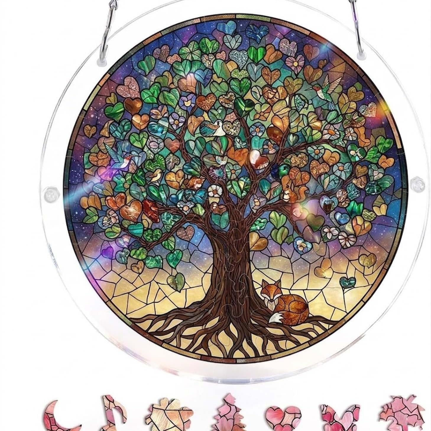 83 Pieces Hanging Acrylic Suncatcher Puzzle,DIY Acrylic Jigsaw Puzzle for Adults, 2mm Transparency Acrylic, Acrylic Suncatcher Puzzles for Doors Garden Window (Tree of Life B, 7 Inches) — image 1