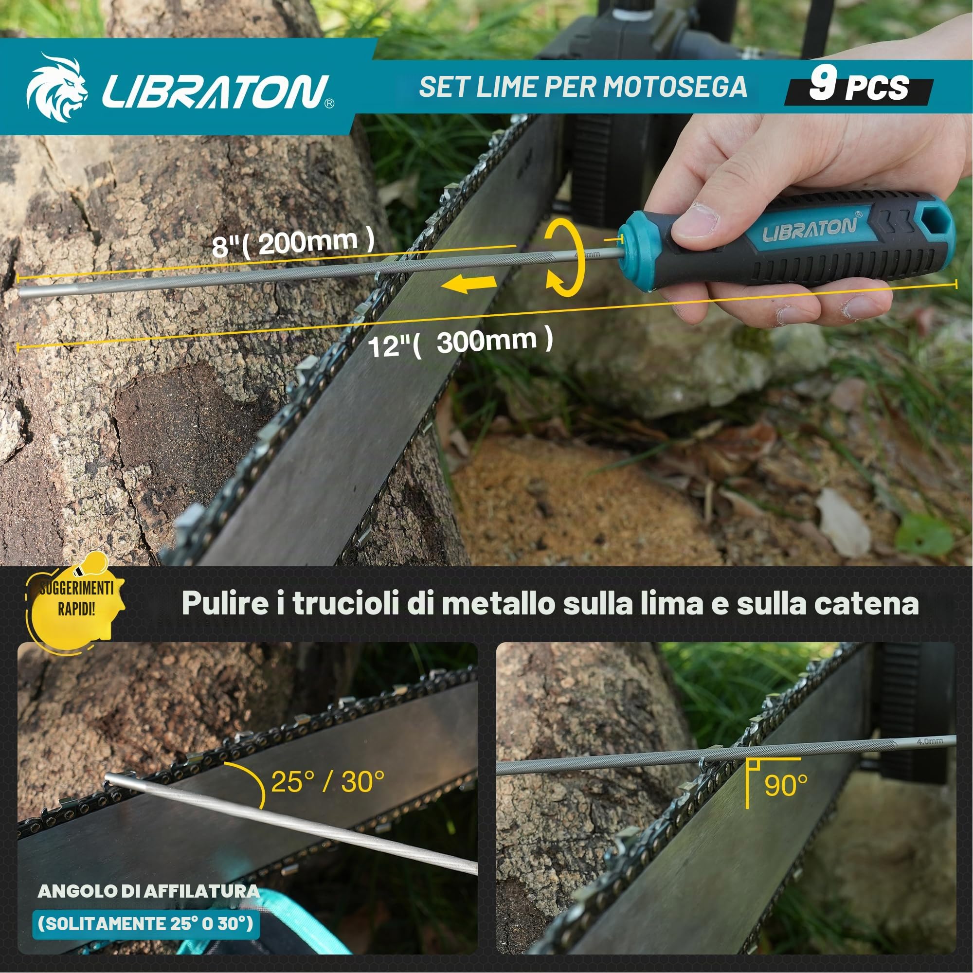 Set di lima per motosega LIBRATON, lima da 4 mm, 4,8 mm, 5,6 mm per affilatura motosega, affilatore per motosega, lima per catena di motosega rotonda, lima piatta da 15 cm, calibrato di profondità