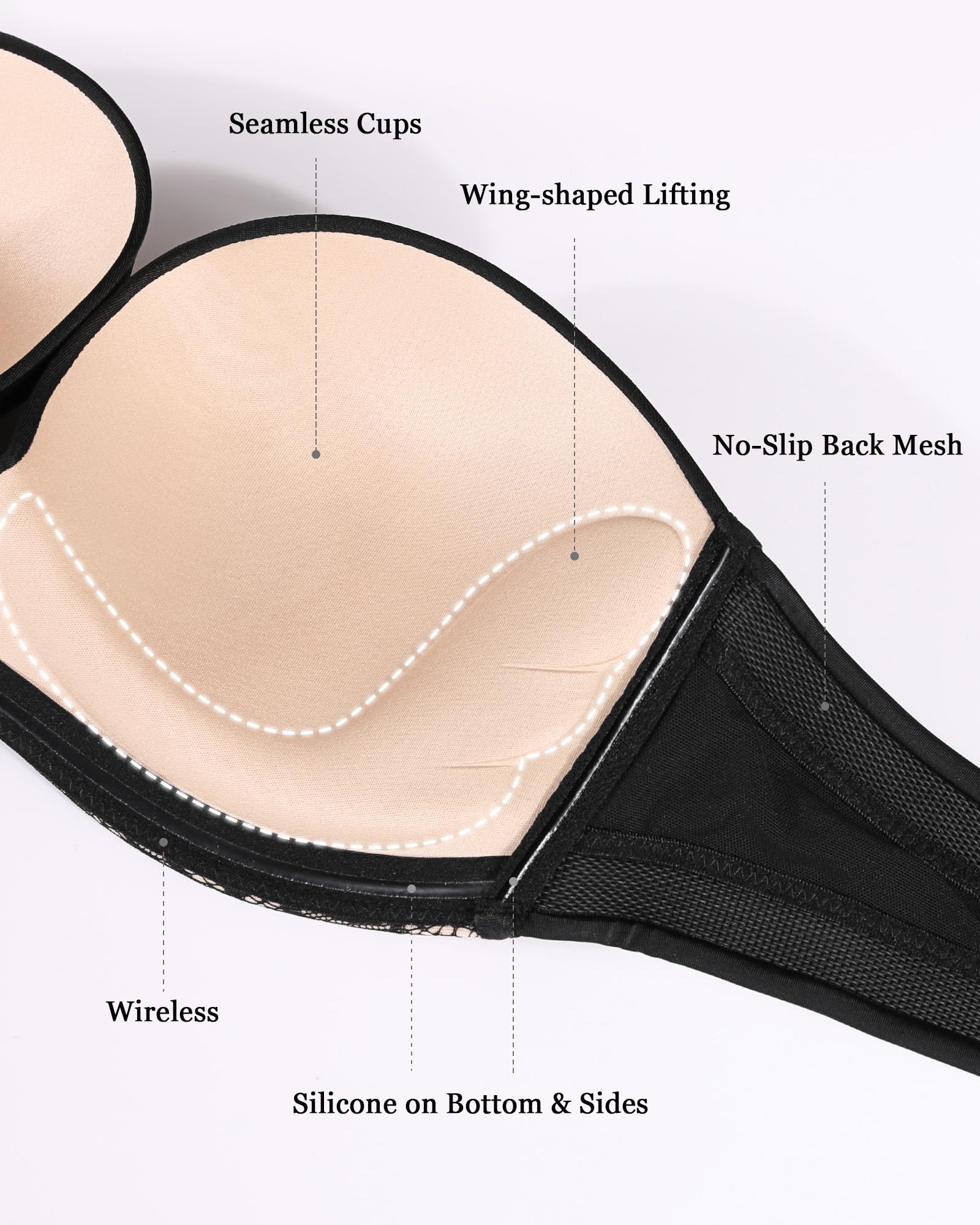 HACI Sujetador push up sin tirantes para mujer, antideslizante, acolchado, sin varillas | Levantamiento, invisible, antideslizante