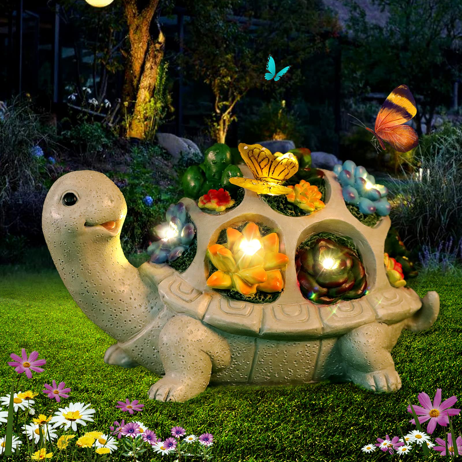 Statues D'extérieur De Jardin Solaire, Tortue Avec Plantes Succulentes