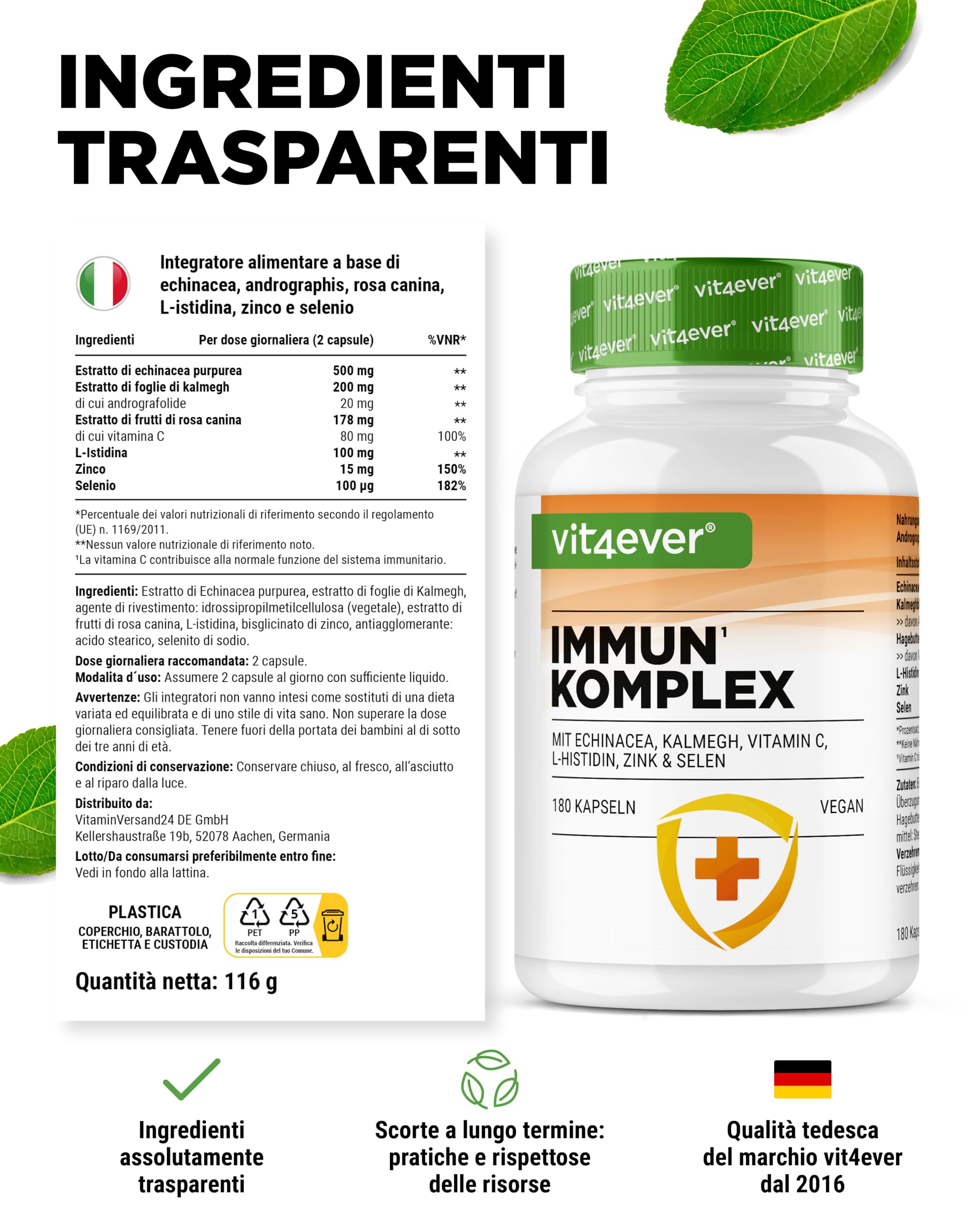 Sistema Immunitario Complex alto dosaggio - 180 Capsule per 90 giorni - 500 mg di Echinacea, Kalmegh, Rosa Canina, Vitamina C, L-Istidina, Zinco e Selenio - Vegano, senza additivi inutili