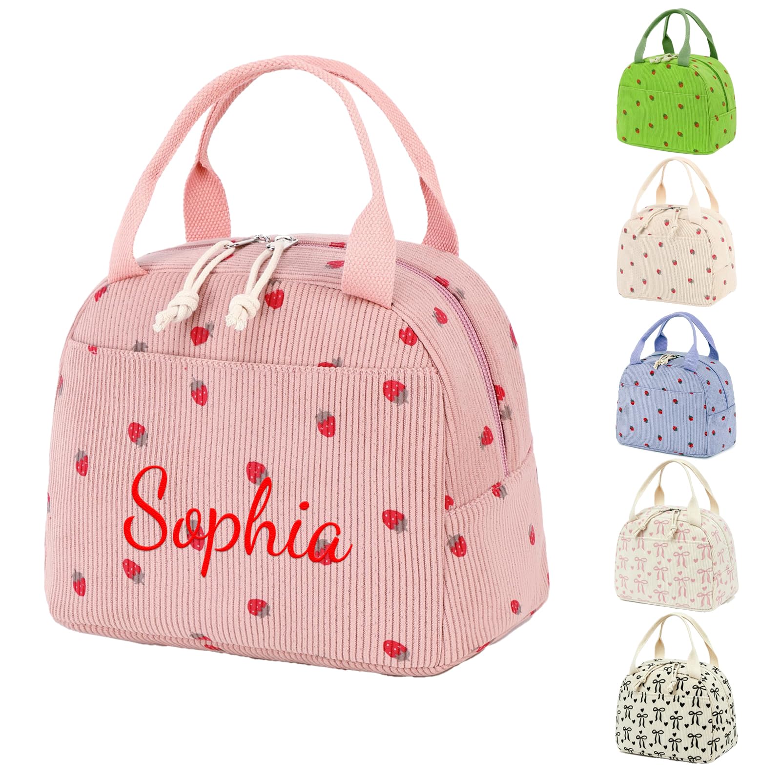 Personalised Embroidery Lunch Bag, Customizable Name Corduroy Lunch Box, 25.4x19x18cm, 9.5L, Double Zipper, for Women & Kids, Work School Picnic
