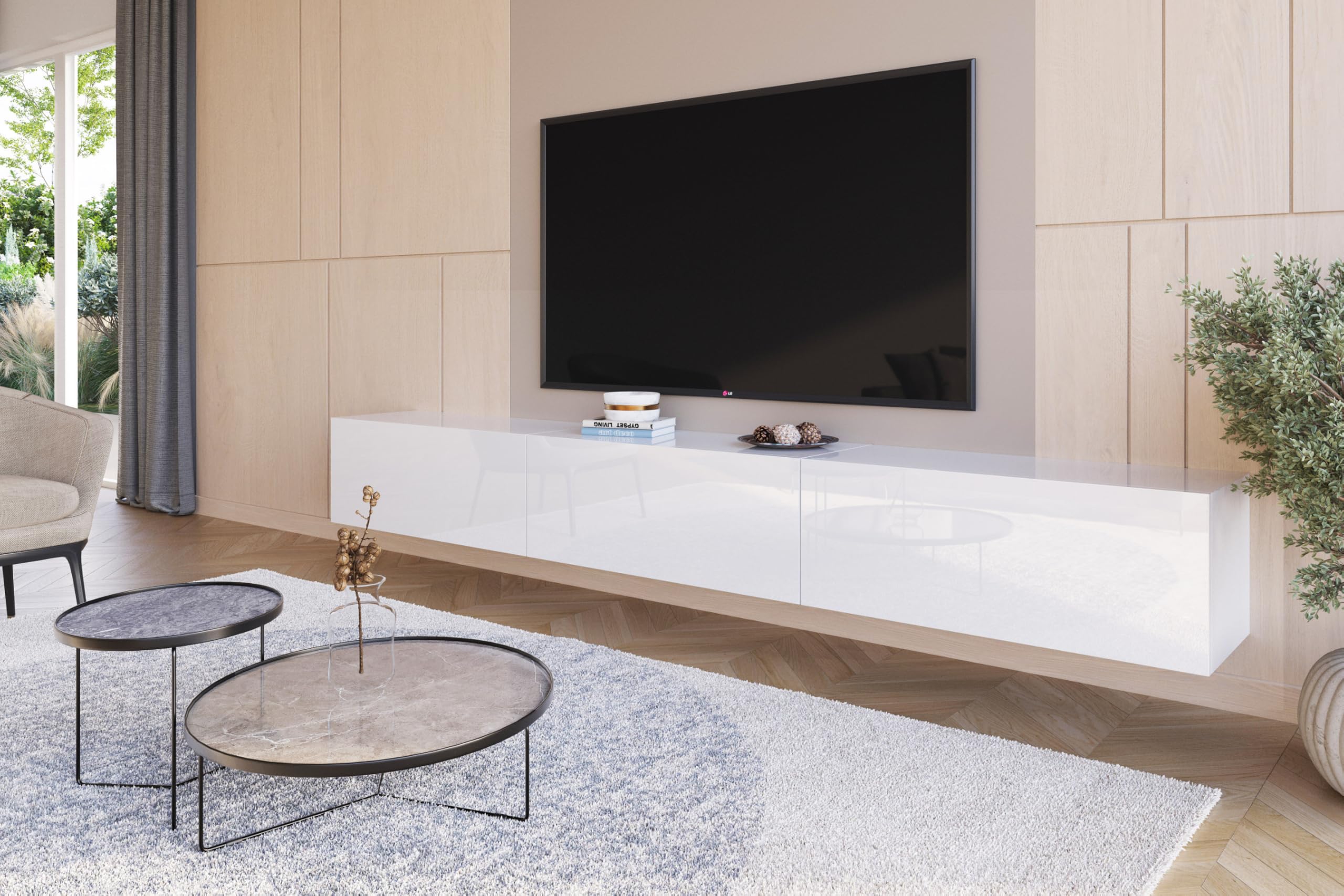 Lowboard Hängend Hochglanz Weiß 270 cm TV Unterschrank Push to Open Griffloses Fernsehtisch für Fernseher bis 85 Zoll Wohnzimmer 270x35x40 cm Wohnwand Modern