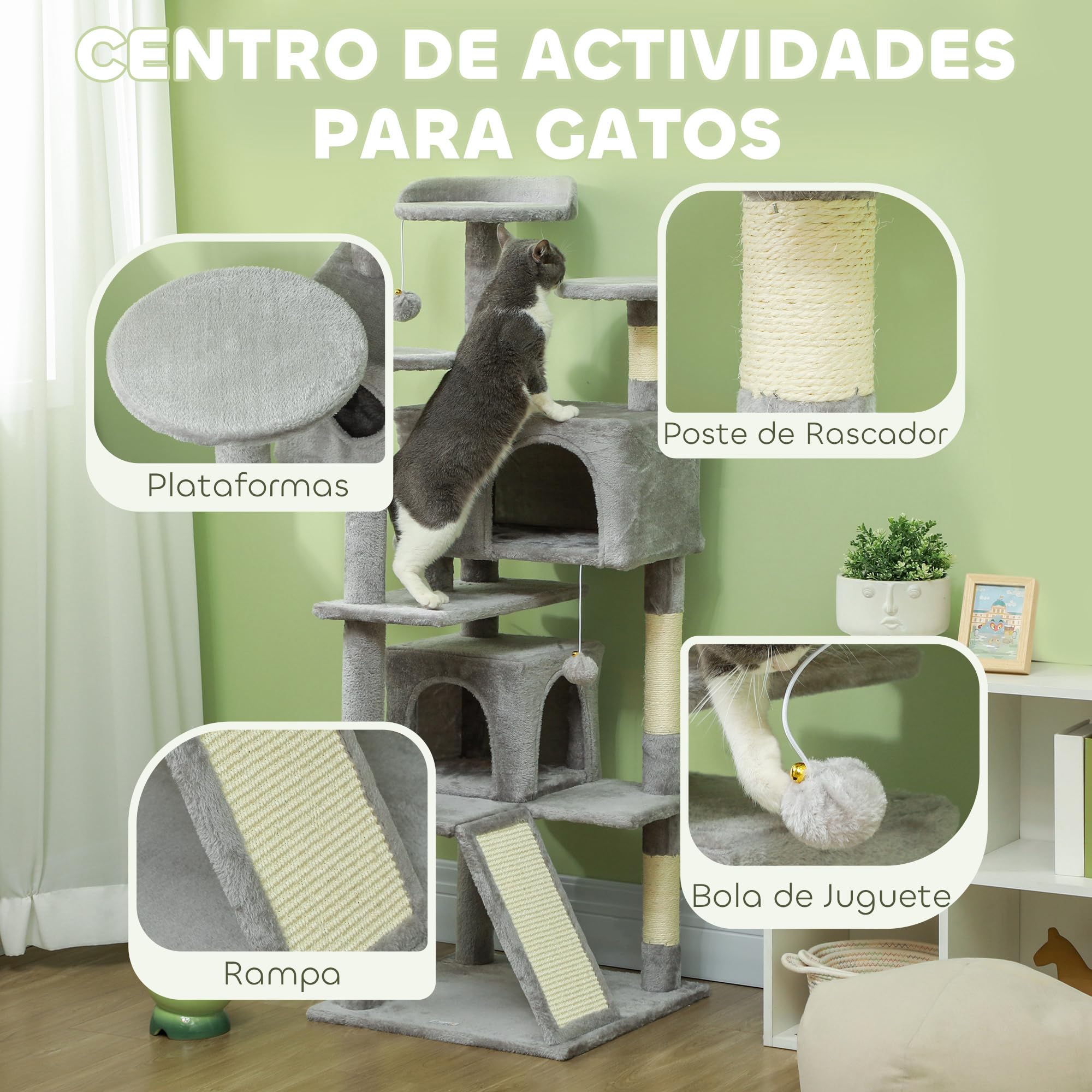 PawHut Rascador para Gatos Altura 138 cm con Postes de Sisal Gris Claro | Árbol para Gatos, Torre de Escalada, Plataformas, Cuevas, Bolas Colgantes, Hamacas