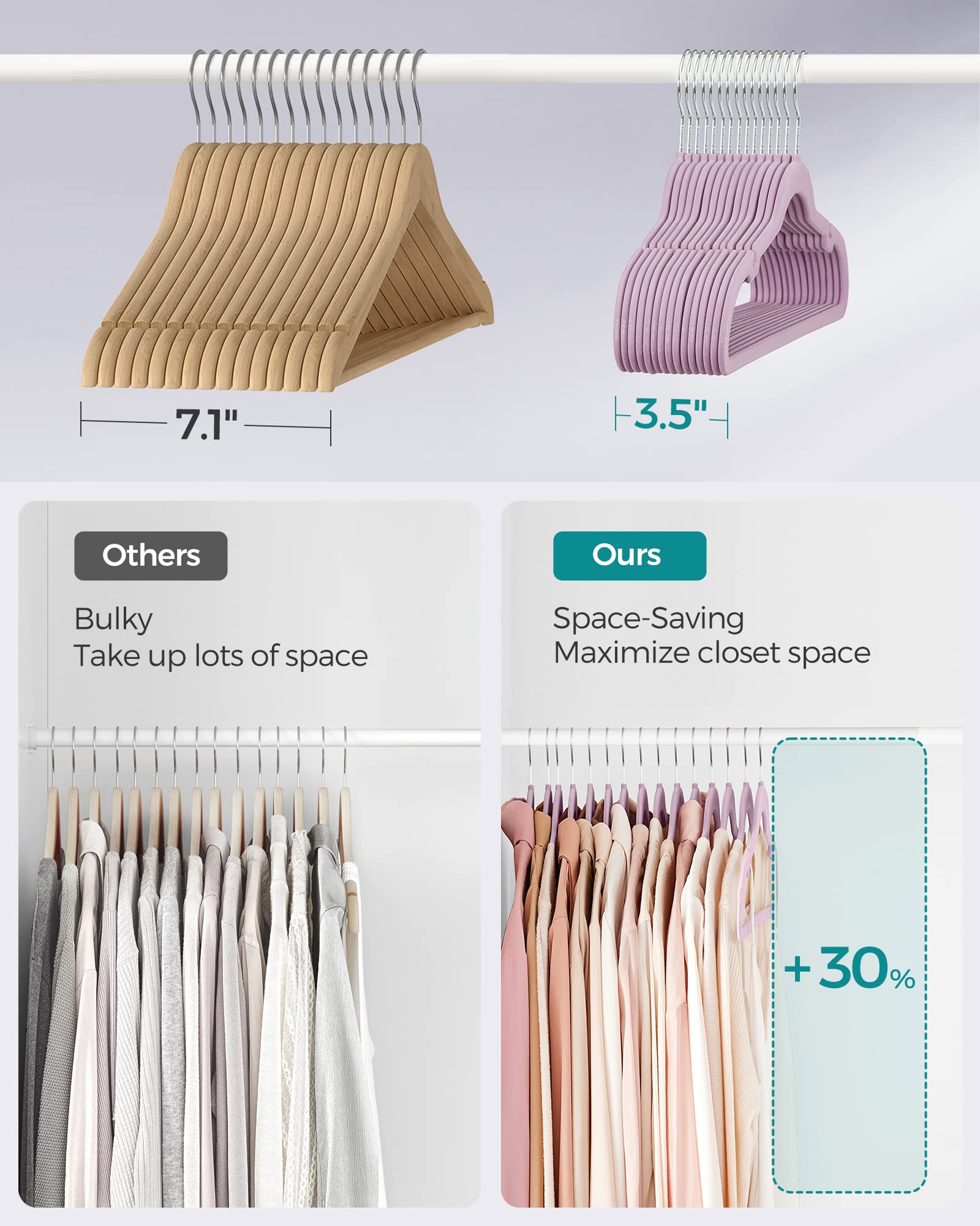 SONGMICS Kleiderbügel, 50 Stück Samtbügel, rutschfeste Kleiderbügel, mit Schulterkerben, Hosenstange, 360° drehbarer Haken, platzsparend, 42 cm lang, für Schrank, Hellviolett UCRF029GP05 10