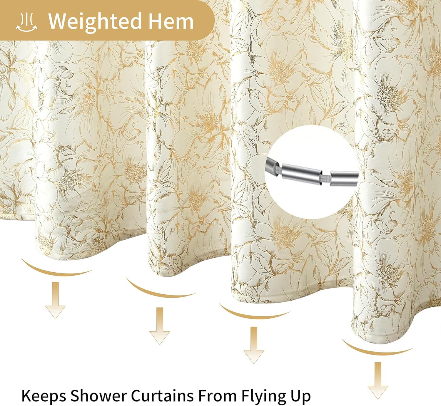 White and Gold Shower Curtain Floral, Chic Floral Pattern Velvet Fabric Shower Curtain, Modern Shower Curtains for Bathroom, Hotel, 72 x 72