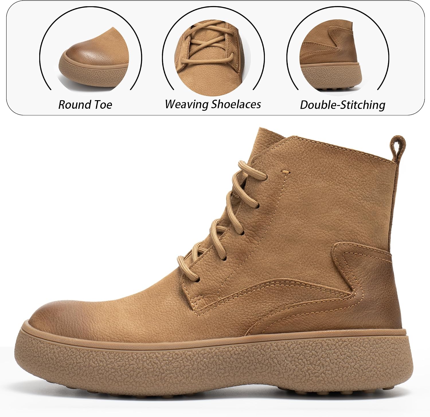 Men Lace Up Cowboy Boots, Round Toe Non-Slip Walking Shoes Ankle Bootie, Genuine Leather Comfortable Durable Breathable Fashion Western Retro Chelsea Boot Casual Work Hiking Camping