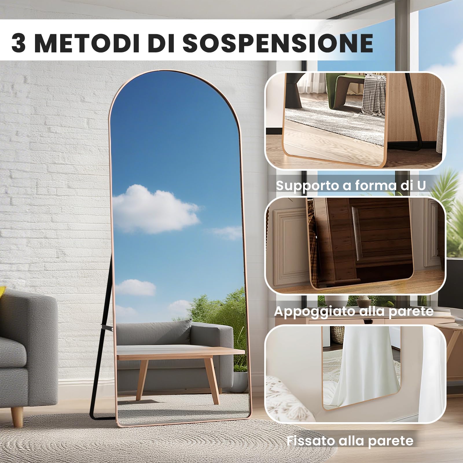 Specchio da Terra ad Arco 160x50 cm, Specchio da Parete con Cornice in Alluminio Dorato, Design Moderno, da Appoggiare o Appendere per Soggiorno, Camera da Letto, Ingresso