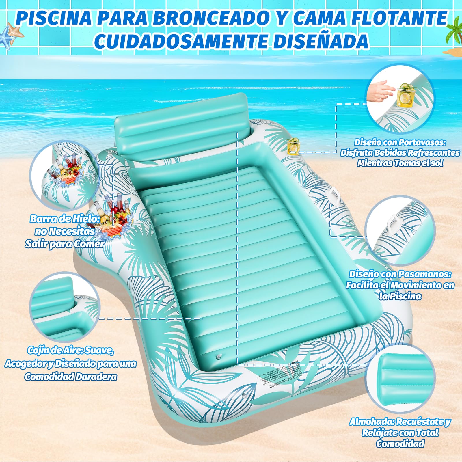 Charmofun Flotador Inflable de Bronceado Grande, Colchoneta Hinchable Piscina con Portavasos y Barra de Hielo, Piscina Bronceado Hinchable Adultos para Playa Fiestas Verano (Azul)