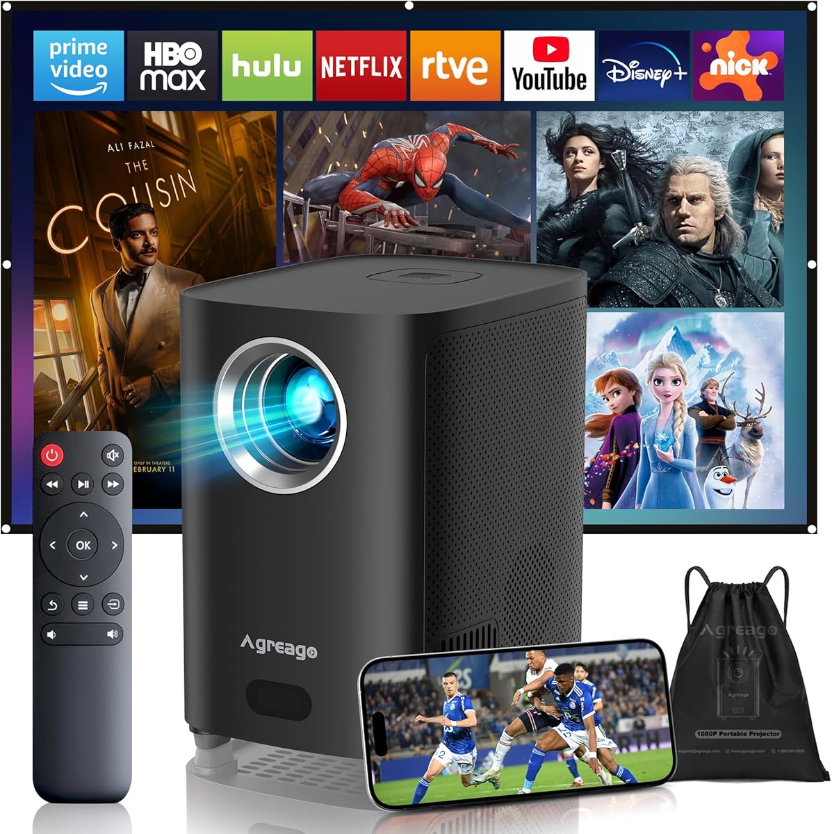 [Electric Focus] Projector with WiFi and Bluetooth, Native 1080P 15,000 Lumens 4K Supported, Agreago Outdoor Movie Projector for Home Theater UP to 300", for iOS/Android/TV Stick/HDMI/USB