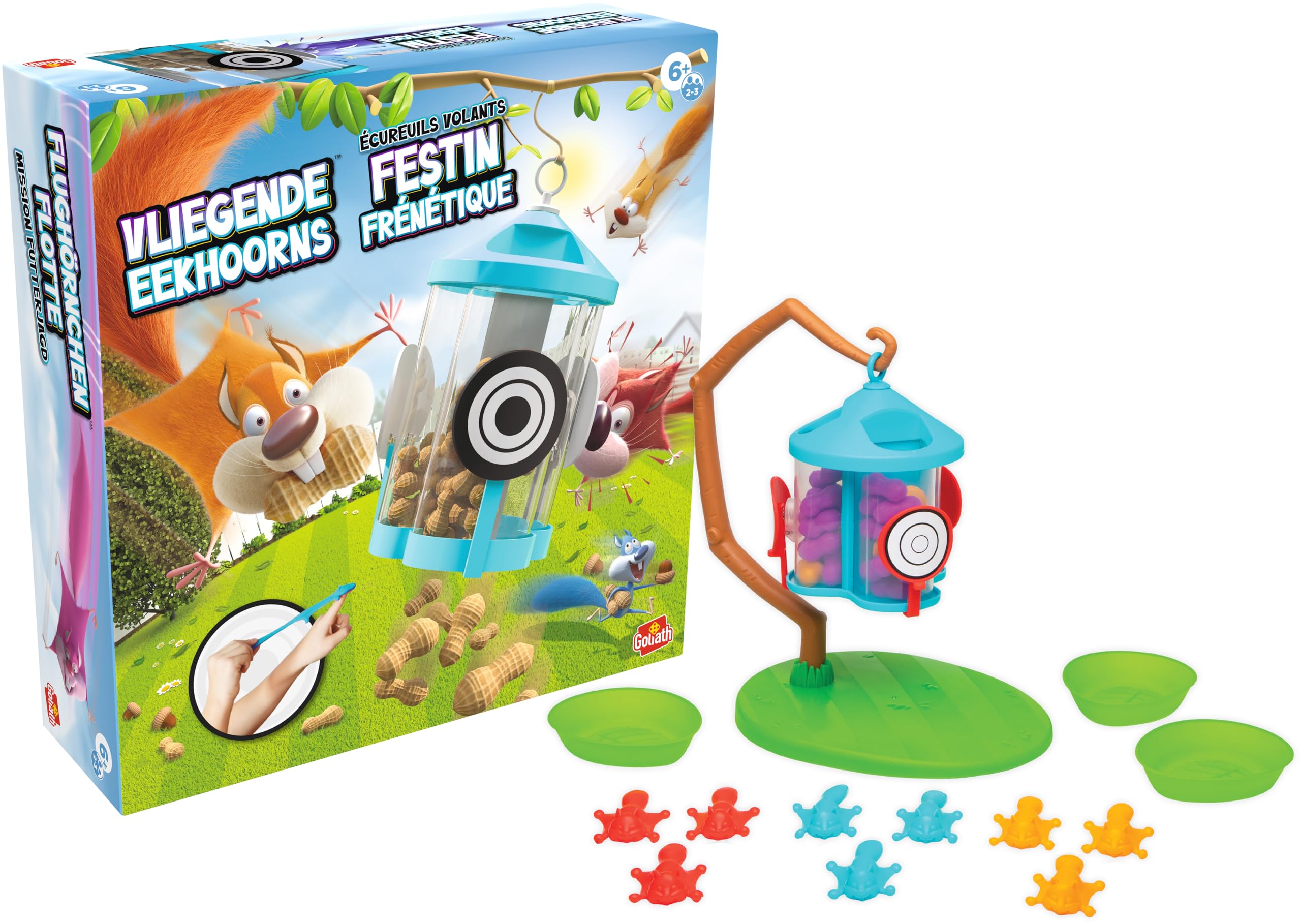 Goliath – FLYING SQUORNS, Children's Play from 6 Years, Game for 2 or 3 Players, Party Game Promoting Hand-Eye Coordination, Dutch Instructions
