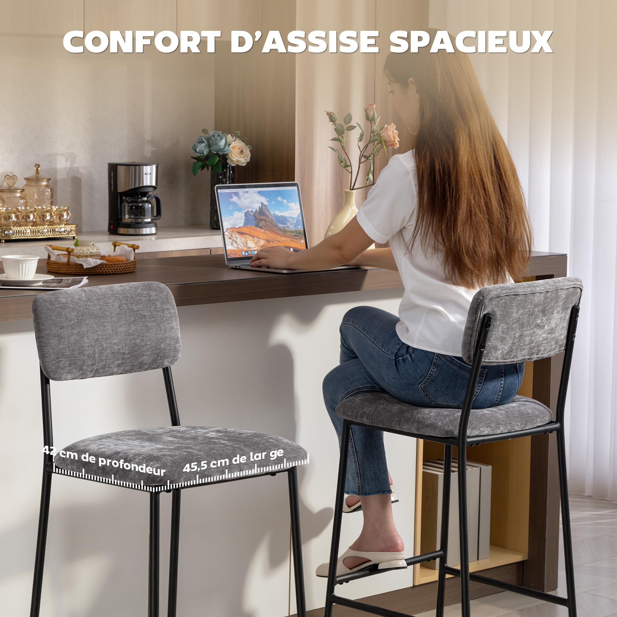 HOMCOM Lot de 2 Tabourets de Bar Tissu Chenille Assise Large 72,5Hcm Gris