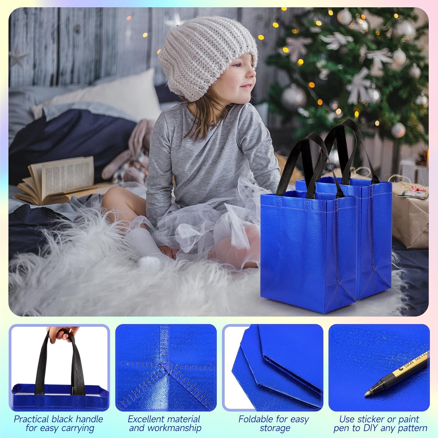 Eccliy 80 Pieces Gift Bags Set Reusable Glossy Grocery Gift Tote with Handle for Easter, Wedding, Spring Events, Graduation(10 x 8 x 4.7 Inch,Blue)