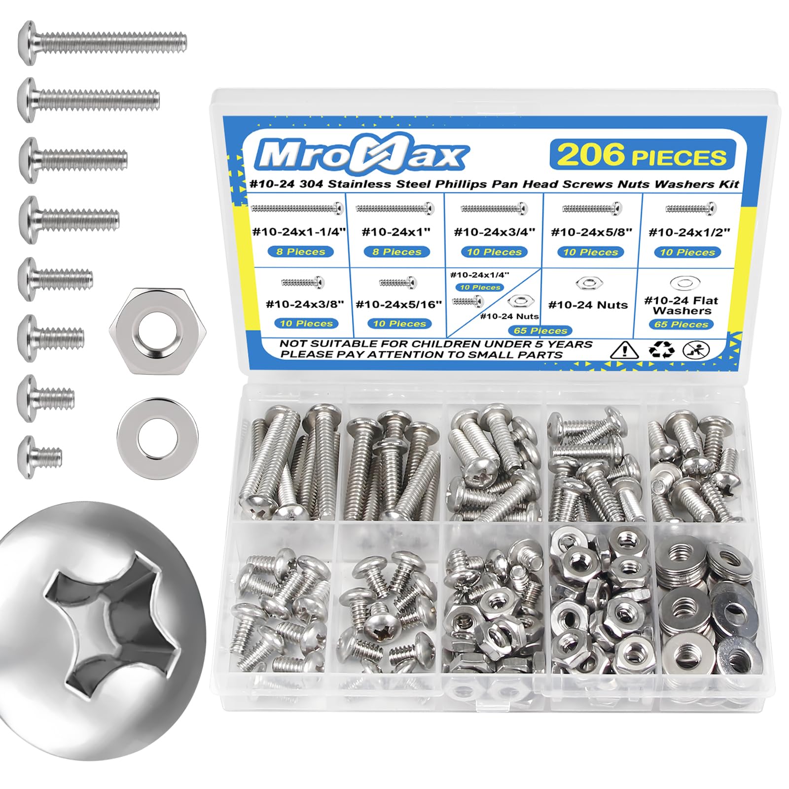 206Pcs #10-24 Pan Head Machine Screws Nuts Washers Assortment Kit, 1/4 to 1-1/4 inch Long Machine Screws, 304 Stainless Steel Screw Assorted Kit for