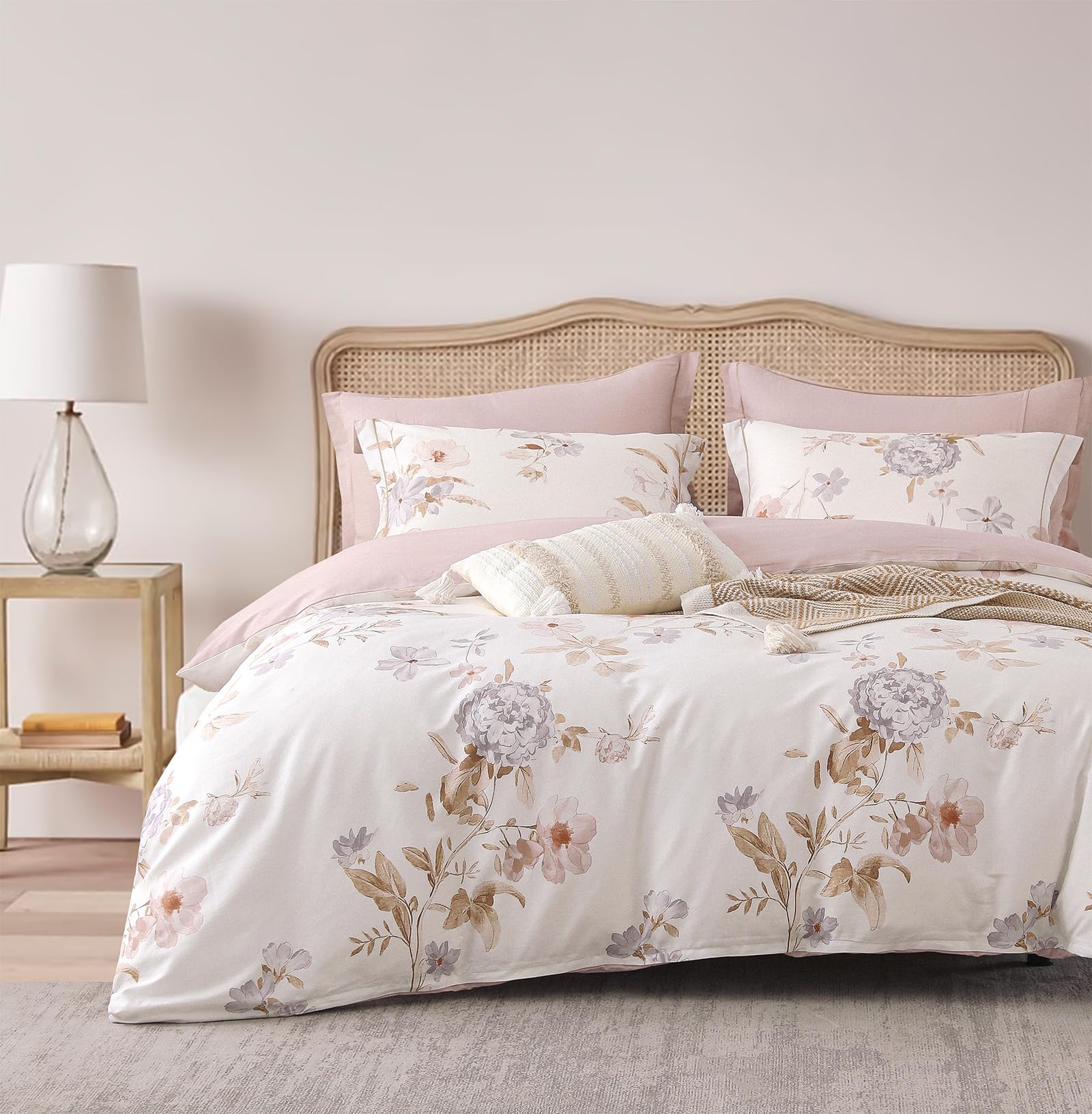Photo 1 of ALEISSEL Vintage Natural Cotton Comforter Queen Size 3Pcs - Brown & Lilac Gray Branches and Soft Blush Flowers on Off-White, Lightweight Reversible Floral Bedding Sets(Full/Queen,90"×90")