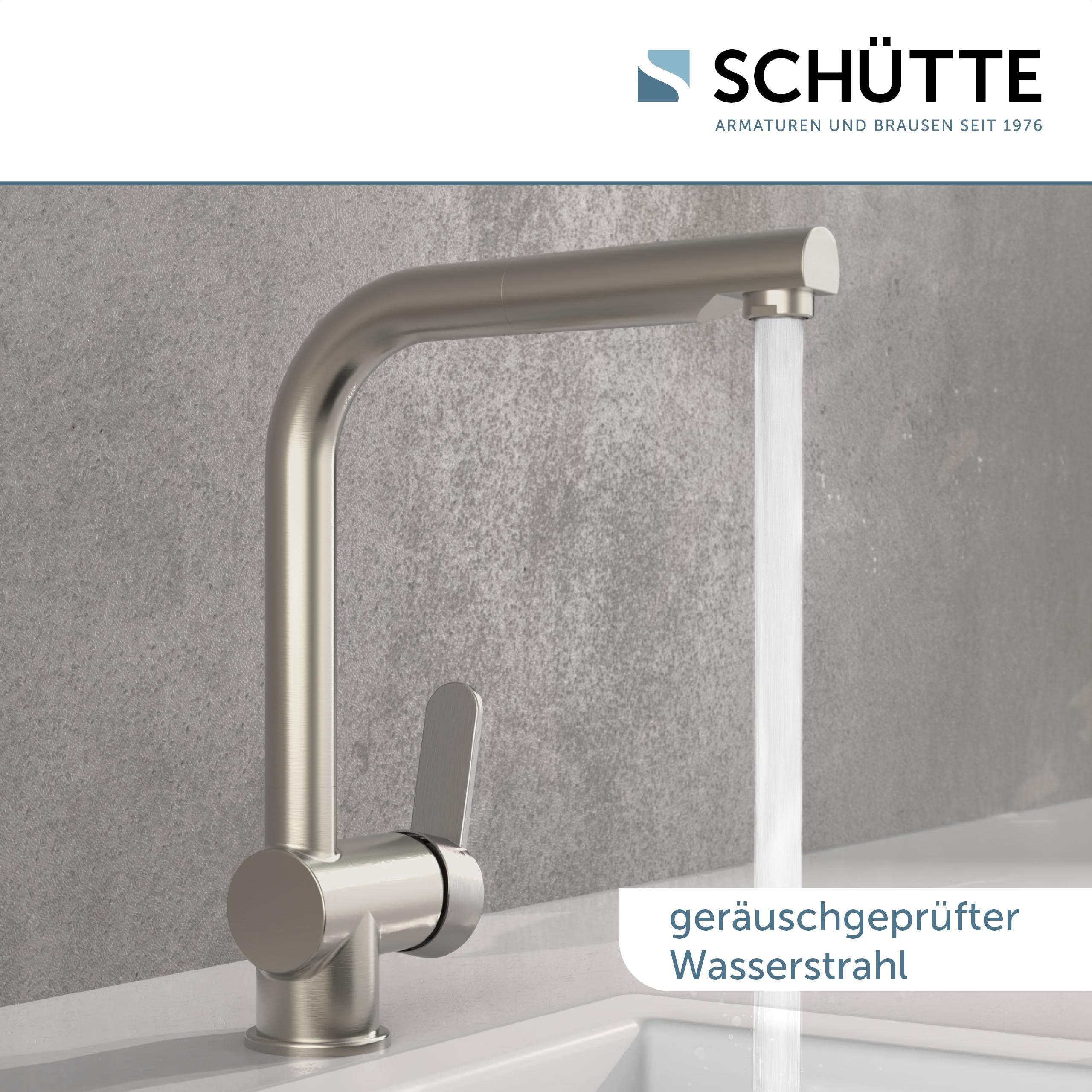 SCHÜTTE LONDON Küchenarmatur mit ausziehbarer Geschirrbrause, 360 Grad schwenkbarer Wasserhahn für die Küche, Mischbatterie mit Einhebelmischer, Spültischarmatur Edelstahloptik, Edelstahl, 29,8 cm