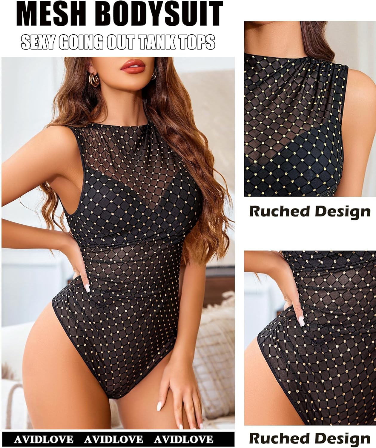 Avidlove Womens Lingerie Camisoles Tanks Mock Neck Sheer Sleeveless Ruched Going Out Bodysuit Tops - Image 3