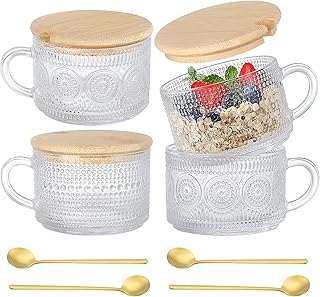 Vintage Coffee Mugs Set of 4 Glass Cups with Bamboo Lids and Spoons 14oz Clear Tea Cup Vintage Glassware Drinking Glasses for Cappuccino Espresso Latte Tea Beverage Christmas Gifts