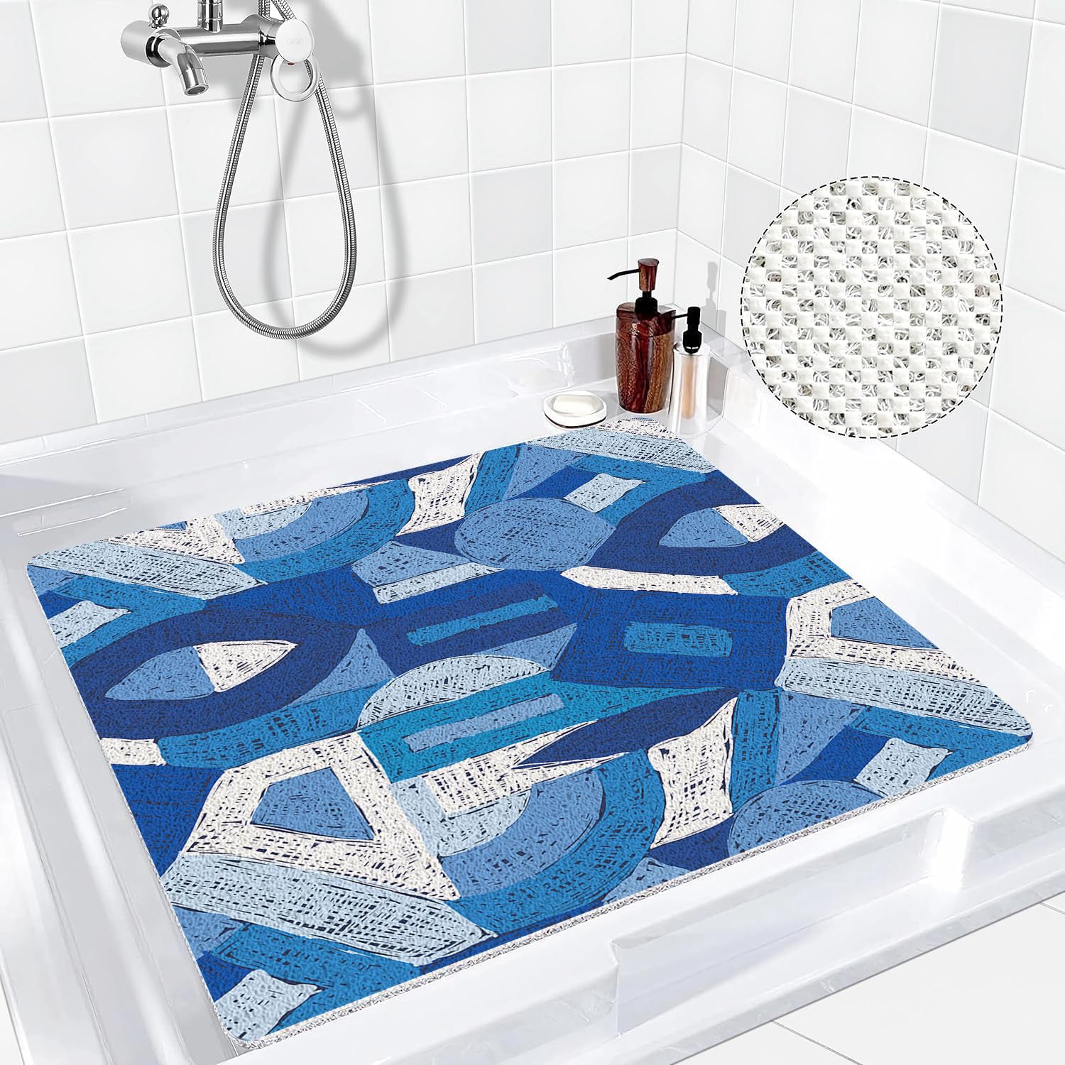 Mateju Alfombra Baño Ducha Cuadrada Antideslizante, Alfombra Baño Interior de Lufa Secado Rapido - Suave y Cómoda para Dentro Duchasalir de la Ducha (Arte Azul,60 * 60cm)