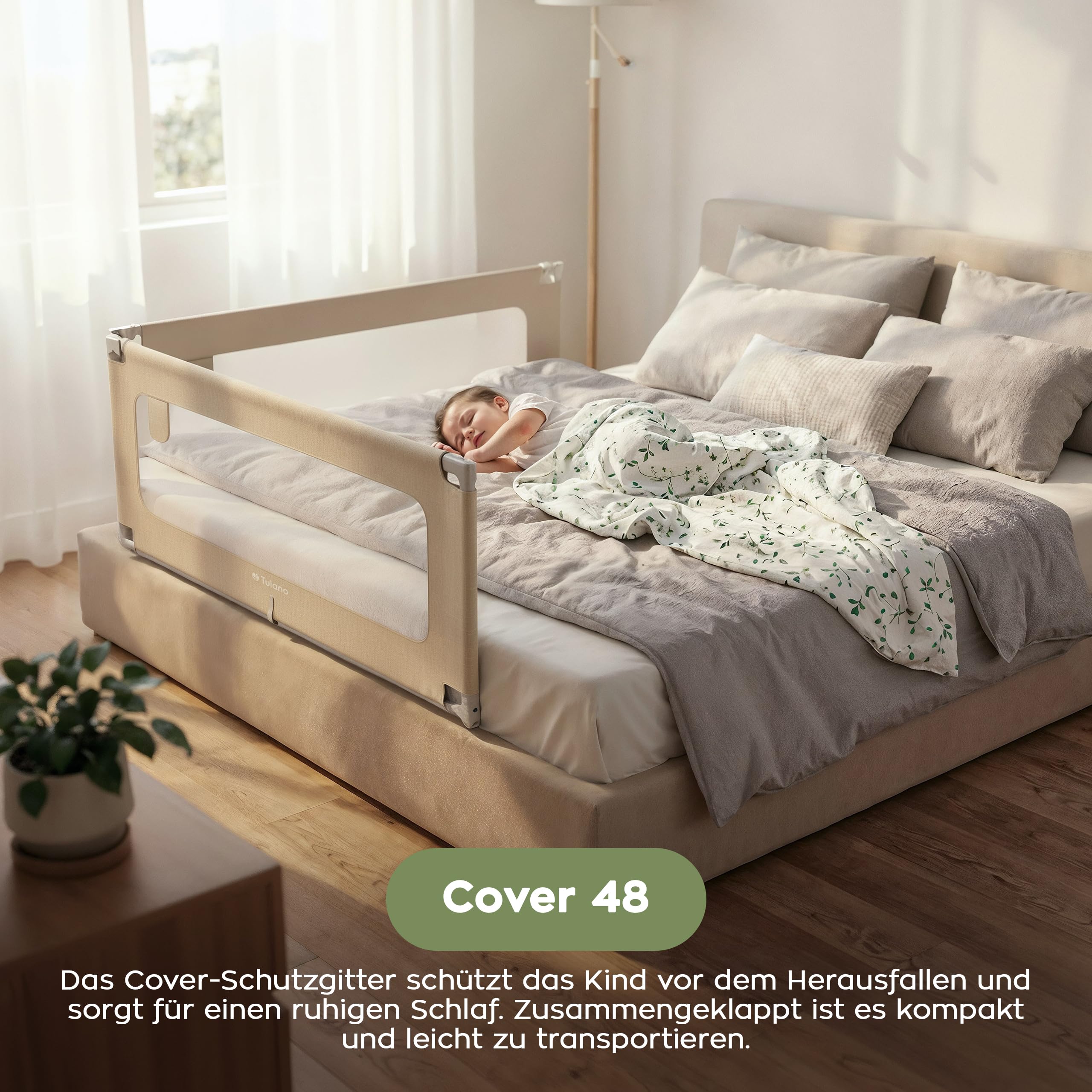 TULANO Cover 48 Bettgitter Kinderbett - Sicherheitsgitter Absenkfunktion | 18-Fach höhenverstellbar - Bettschutzgitter 180 cm - Rausfallschutz für Standardbetten - Für Matratzen 10–28 cm - Beige