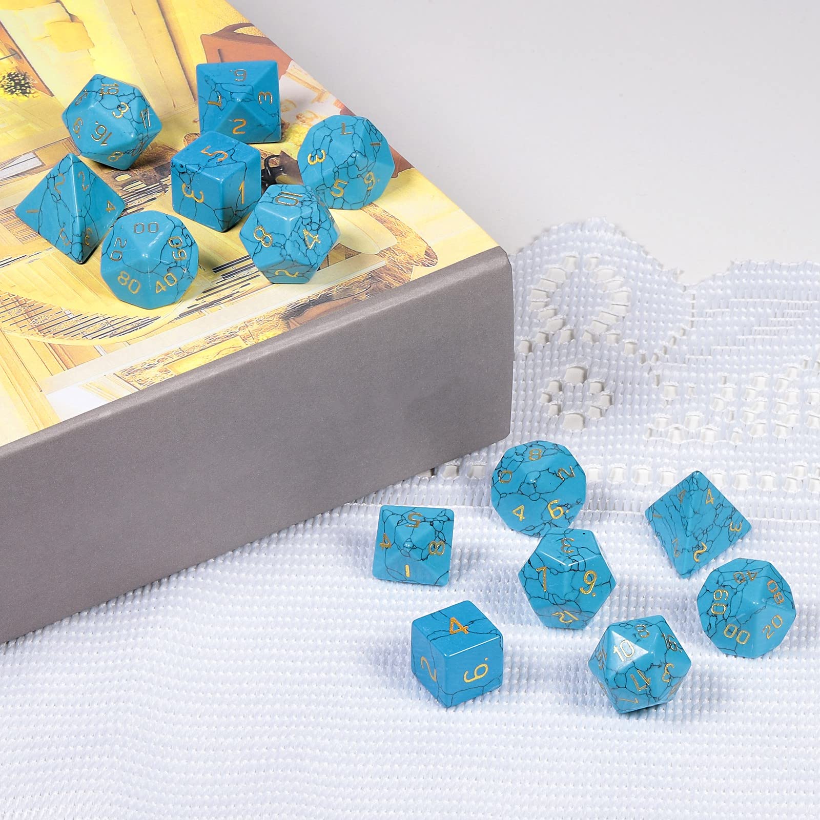 mookaitedecor 7 Stück Howlith Türkis Edelstein Polyedrische Würfel Set | Polierte DND Würfelset, für Dungeons und Dragons, Tabletop Spielwürfel, RPG MTG Tischspiele Rollenspiel Heim Dekoration