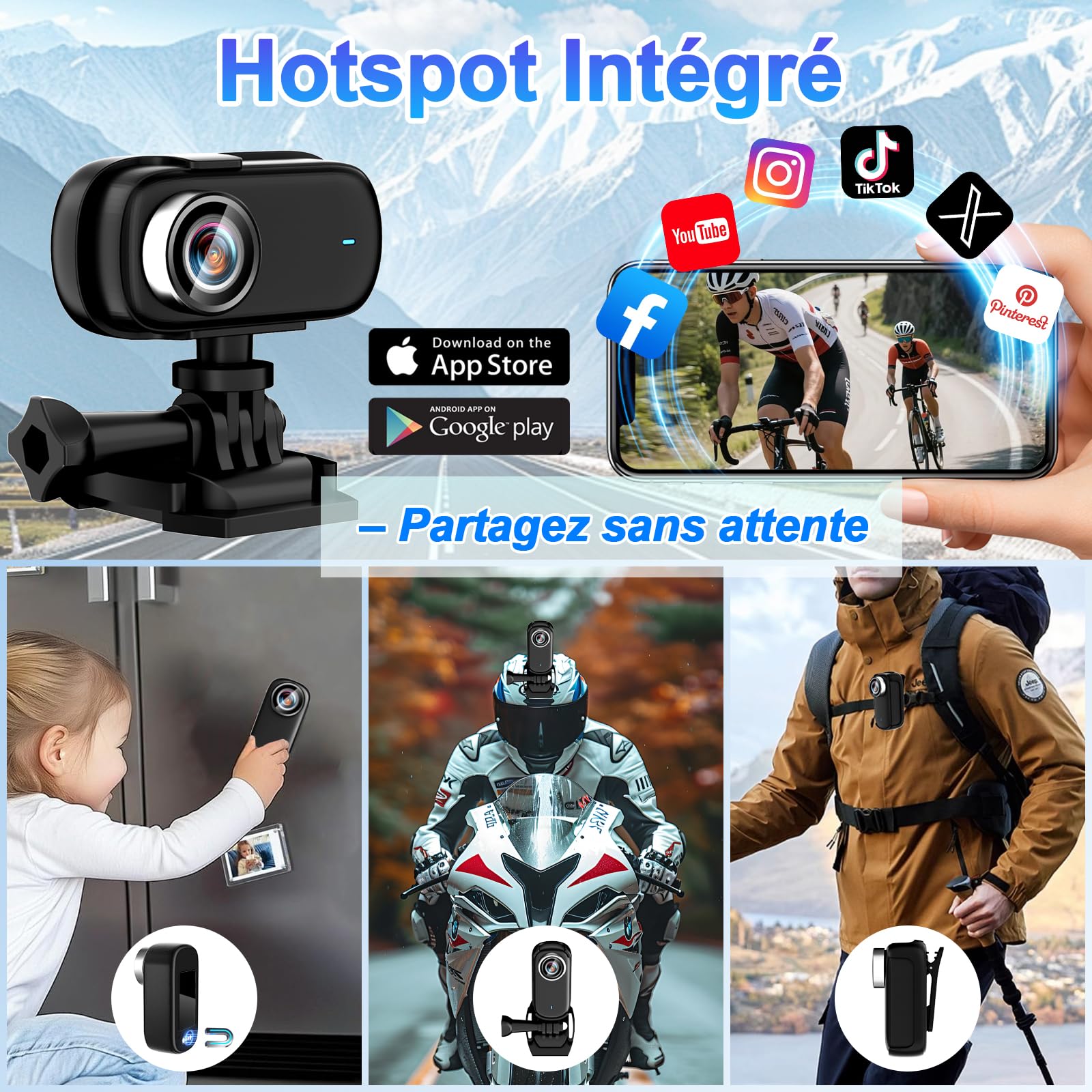 Camera Moto 360 4K WiFi 150° IP65, avec 64GB & écran