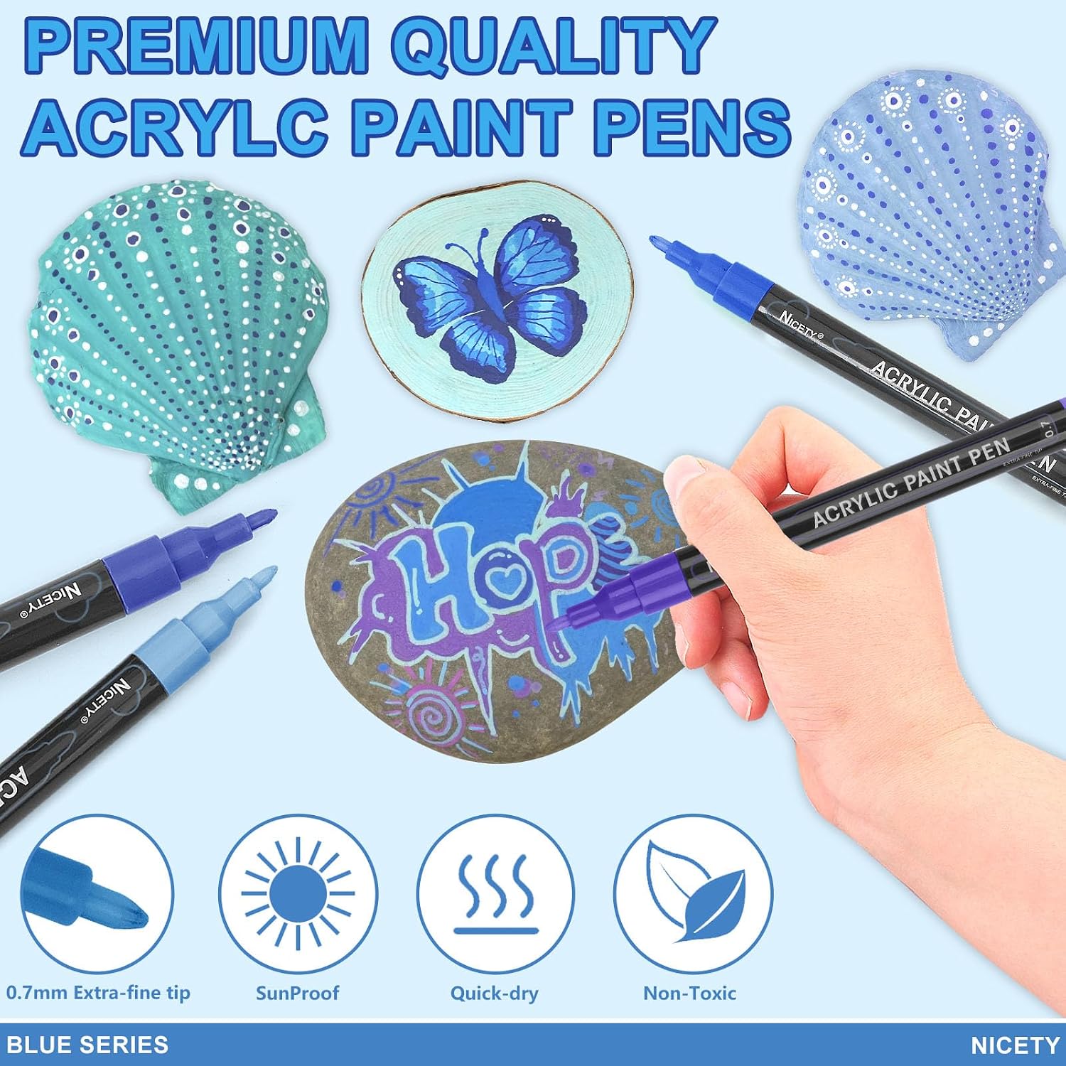 NICETY 30 Colors Blue Tones Acrylic Paint Pens, Pro Color Series Markers Set with 0.7mm Extra Fine Tip for Wood, Canvas, Stone, Glass, and Ceramic - Art Supplies for Adults & Artists