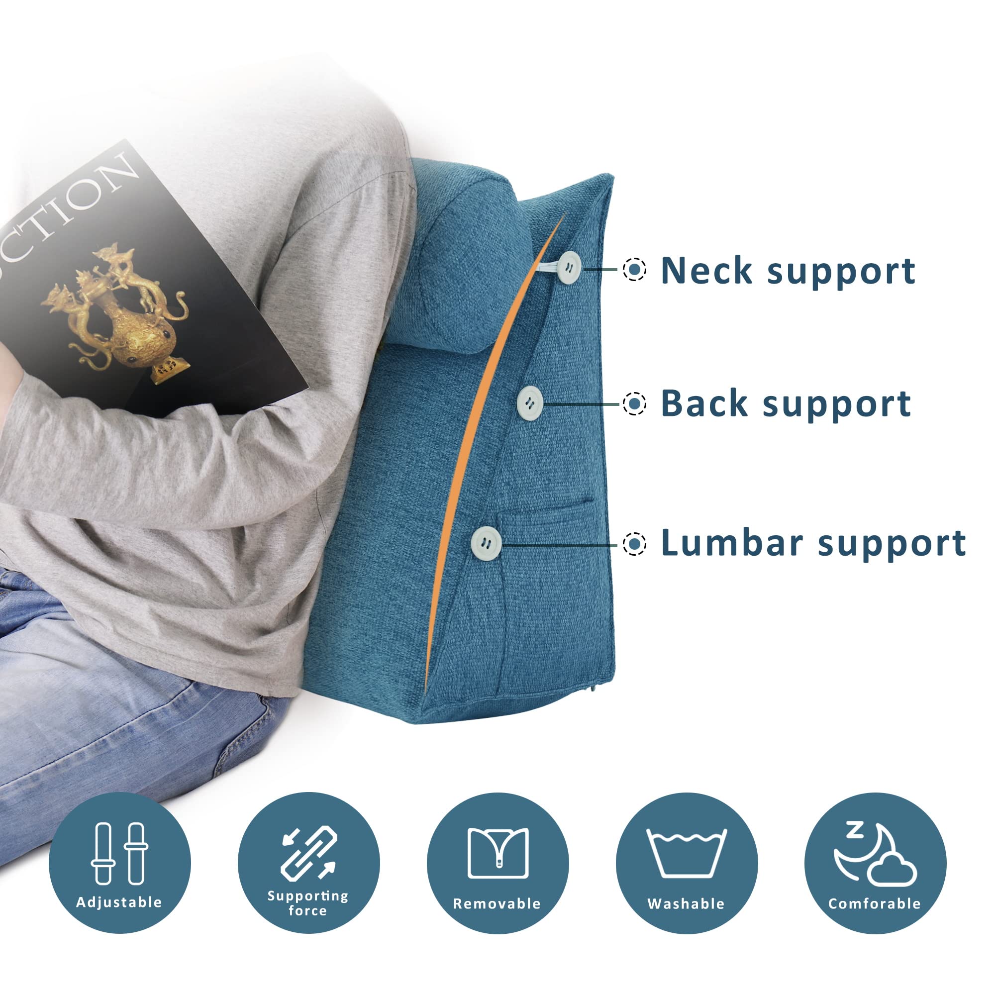 VERCART Bed Wedge Pillow Adjustable Reading Throw Cushions for Sleeping Triangular Bedrest Lumbar Neck Back Support Pillows with Removable Linen Cover, Blue 23.5 Inches