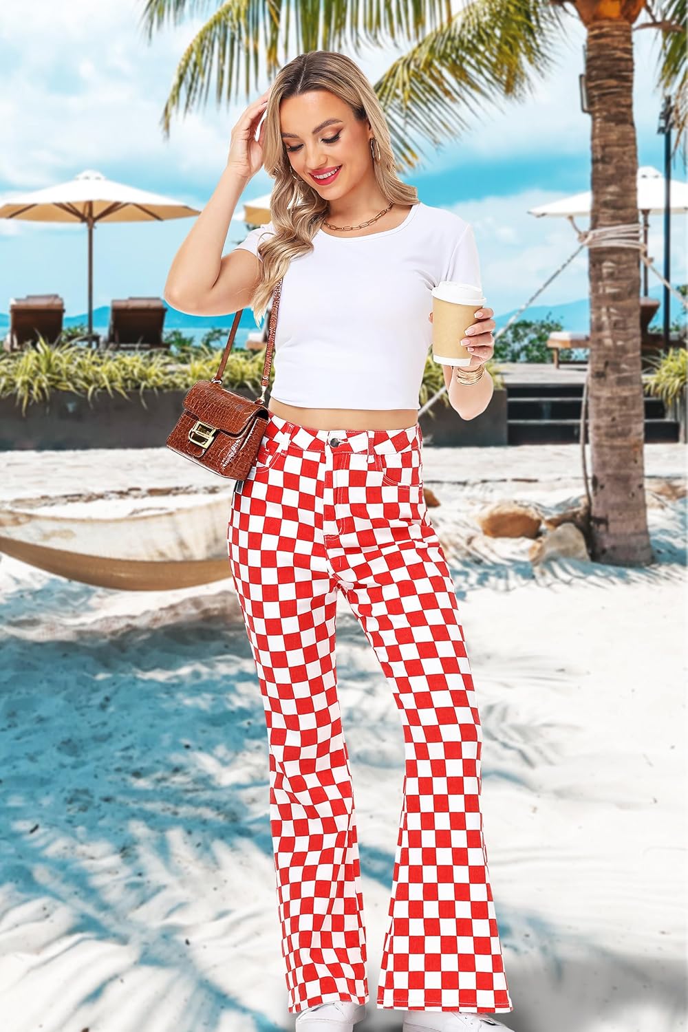 Womens High Waisted Plaid Bell Bottom Jeans Stretch Checkered Flare Denim Pant - Image 3