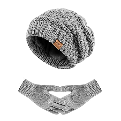 Women's Beanie Hat Gloves Set, Fleece Lined Winter Hat with