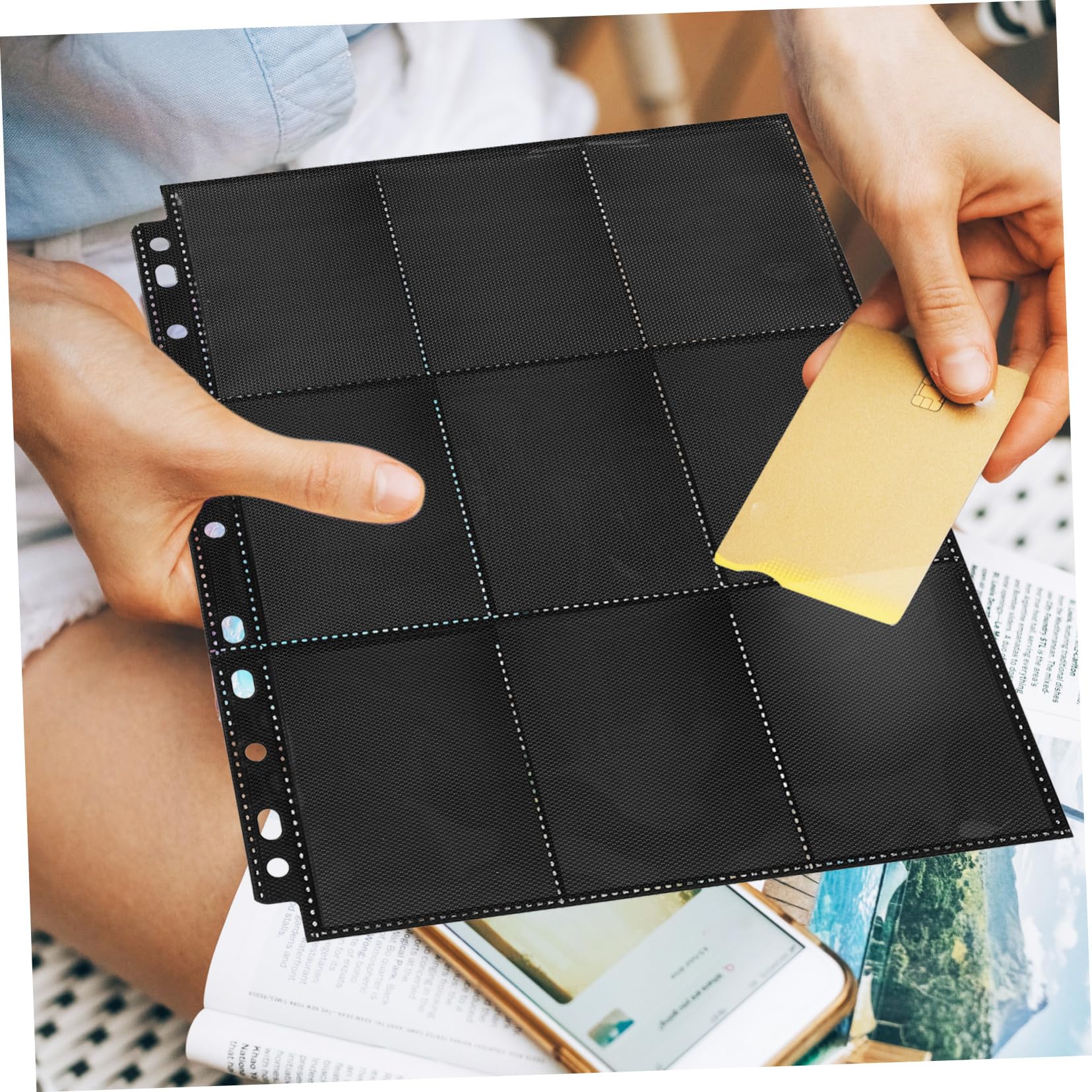 Fogli Raccoglitore per Carte a 11 Fori 50 Fogli in Pp Nero | 9 Tasche per Lato Singolo, 18 Totali su Entrambi i Lati, Formato Compatto Portatile