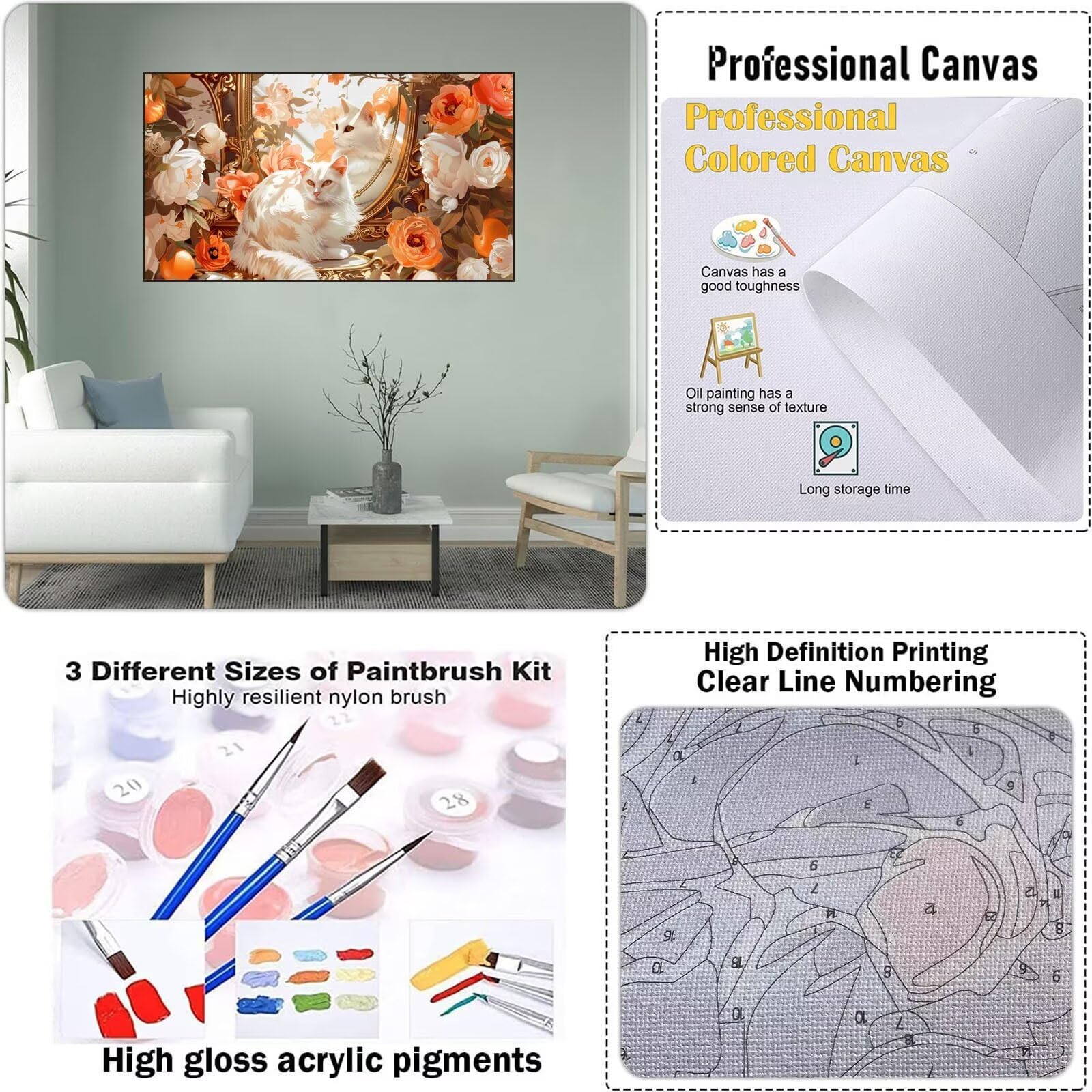 Dipingere con i Numeri Adulti, Gatto Kit di Pittura Acrilica Fai-da-Te per Adulti Principianti, 140x80cm Paint by Numbers Adulti con Pennelli Pittura a Pigmento Acrilico, Senza Cornice (Gatto Bianco)