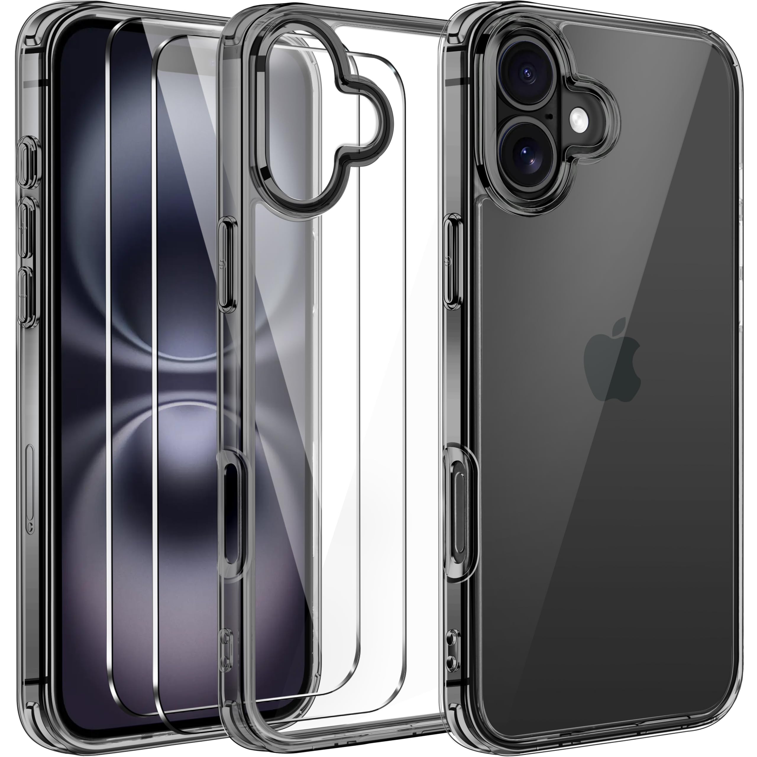 iVoler Anti Ingiallimento Chiaro Cover per iPhone 16 con 2 Pezzi Pellicola Vetro Temperato e Cornice di Installazione, [Antiurto di Grado Militare] Custodia Trasparente Sottile Case-Nero