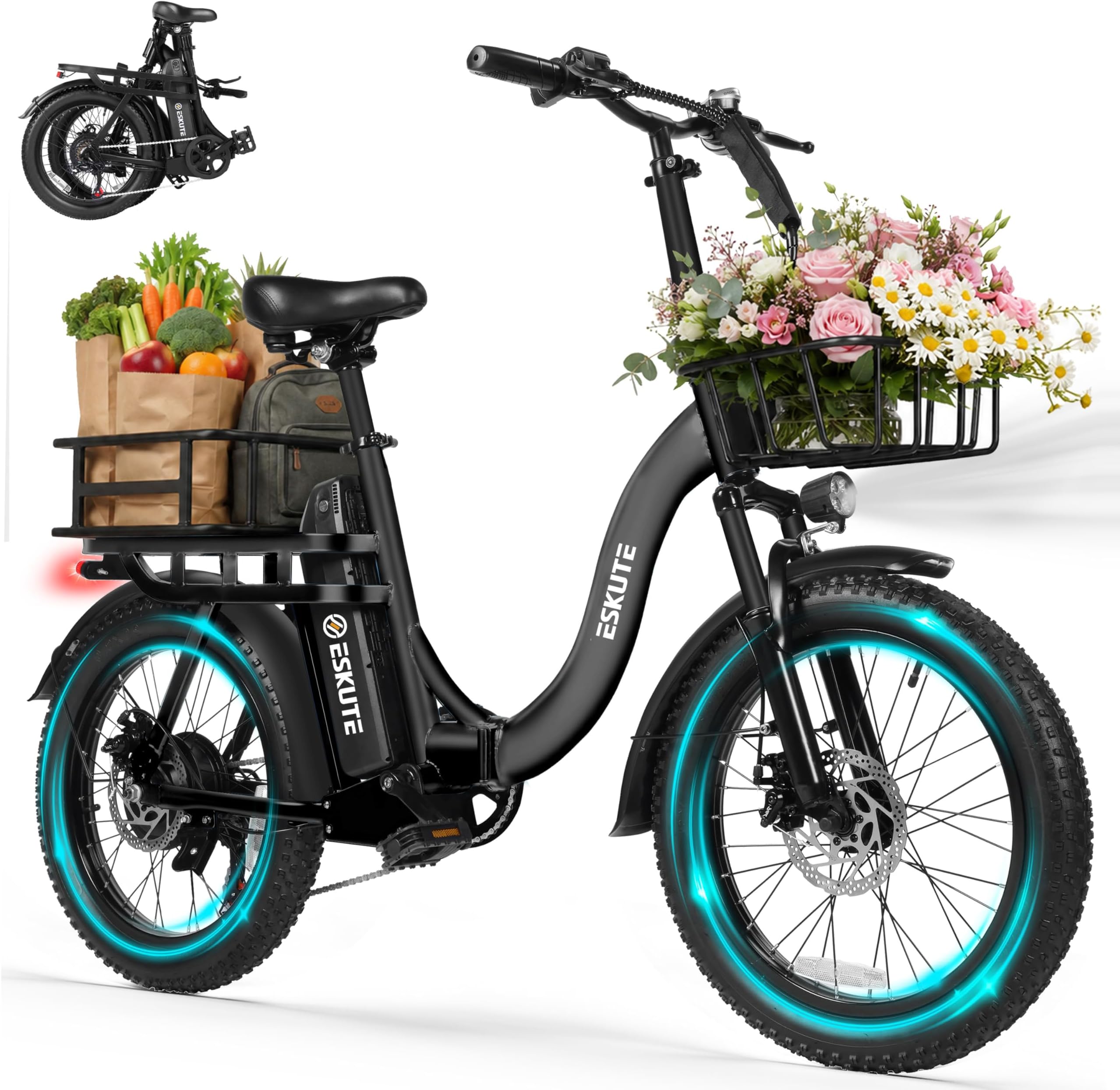 Electric Bike for Adults – 1200W Peak Motor, Folding 20x3 Fat Tire E‑Bike, 48V 10.4Ah Battery, Step‑Through Cargo Fold Ebike, 28 MPH, 7‑Speed, Up to 55 Miles Black with Front & Basket