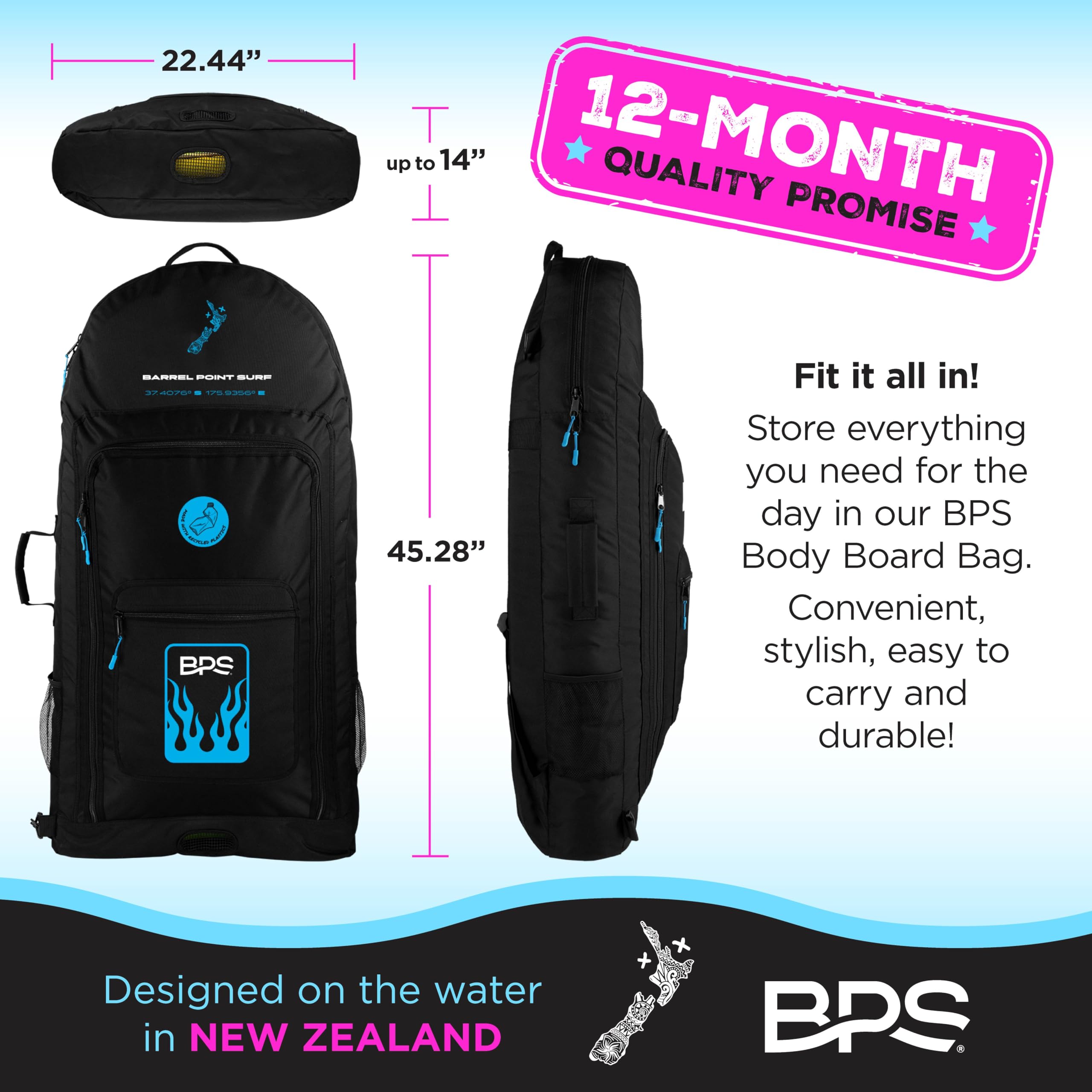 BPS Bolsa de bodyboard de Nueva Zelanda con capacidad de 2 a 3 tablas, hecha de plásticos reciclados, ayuda a eliminar los residuos de vertederos y océanos