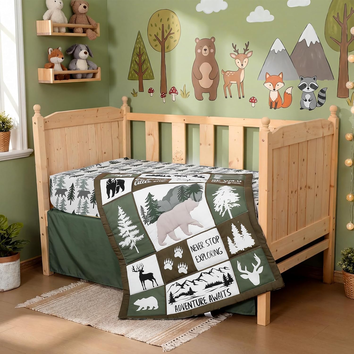 Hahafelt 3 Pcs Woodland Crib Bedding Set for Boys, Green Elk Bear Baby Crib Sets for Newborn, Infant & Toddler Nursery Bed Set Decor with Fitted Sheet, Dust Ruffle, Comforter