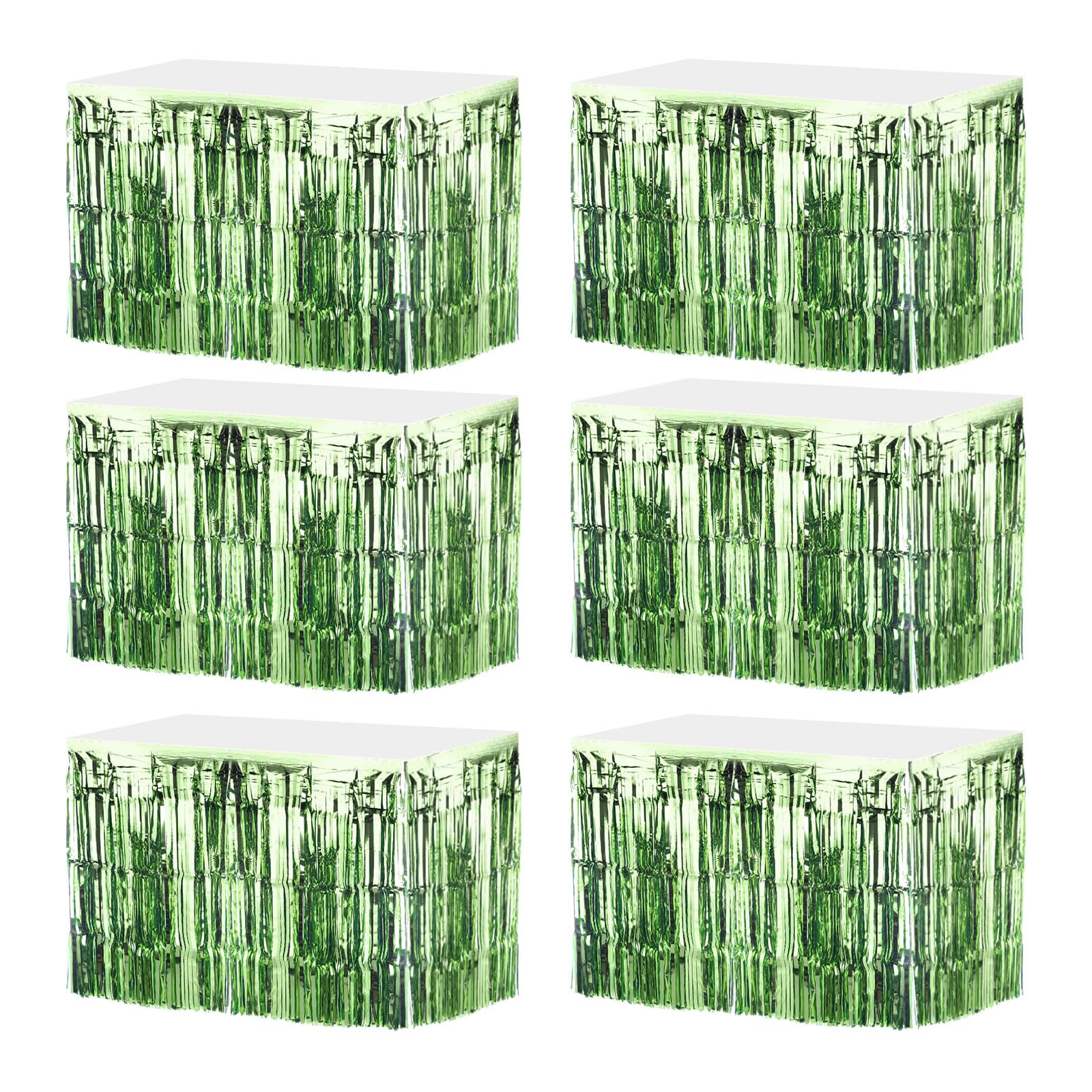 MECCANIXITY 6 Pcs 29x108 Inch Light Green Metallic Foil Fringe Tinsel Table Skirts for Rectangle Tables Tinsel Backdrop Curtain for Wedding Birthday Party Decoration