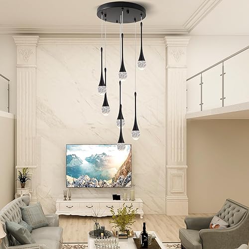 Miniatura 7 de Moderno candelabro de cristal de 7 luces, color negro, H60 pulgadas, techo alto, espiral, regulable, LED, burbuja, gota de lluvia, lámpara para