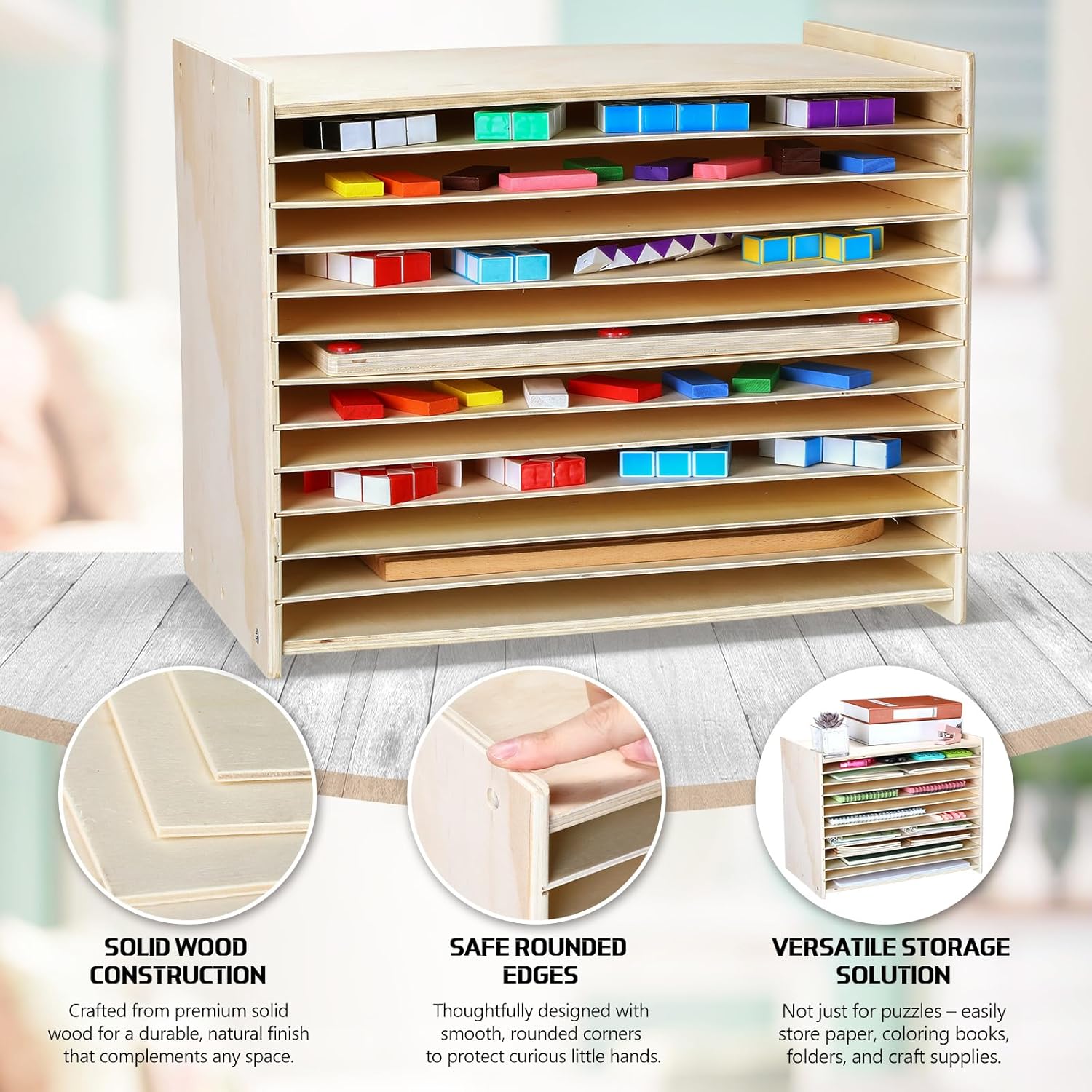 Wooden Puzzle Storage Rack Wood Tabletop Puzzle Holder with Adjustable Drawers 12-Layer Jigsaw Stand Shelf Rounded Edge Storage Cabinet for Raised Flat Paper Craft Supplies