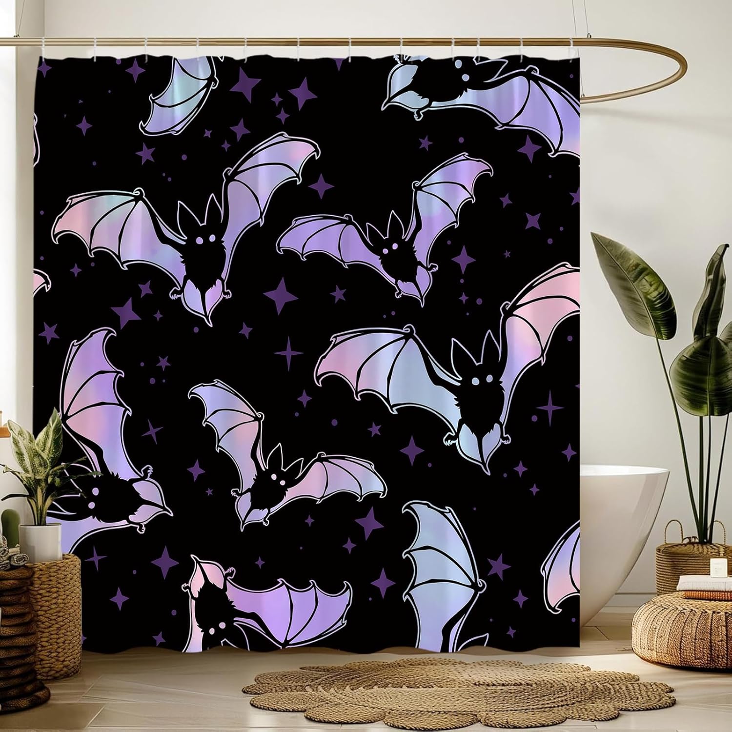Halloween Bat Shower Curtain Neon Gothic Horror Colorful Fantasy Party Fabric Bathroom Decor Sets with Hooks,71W x96H