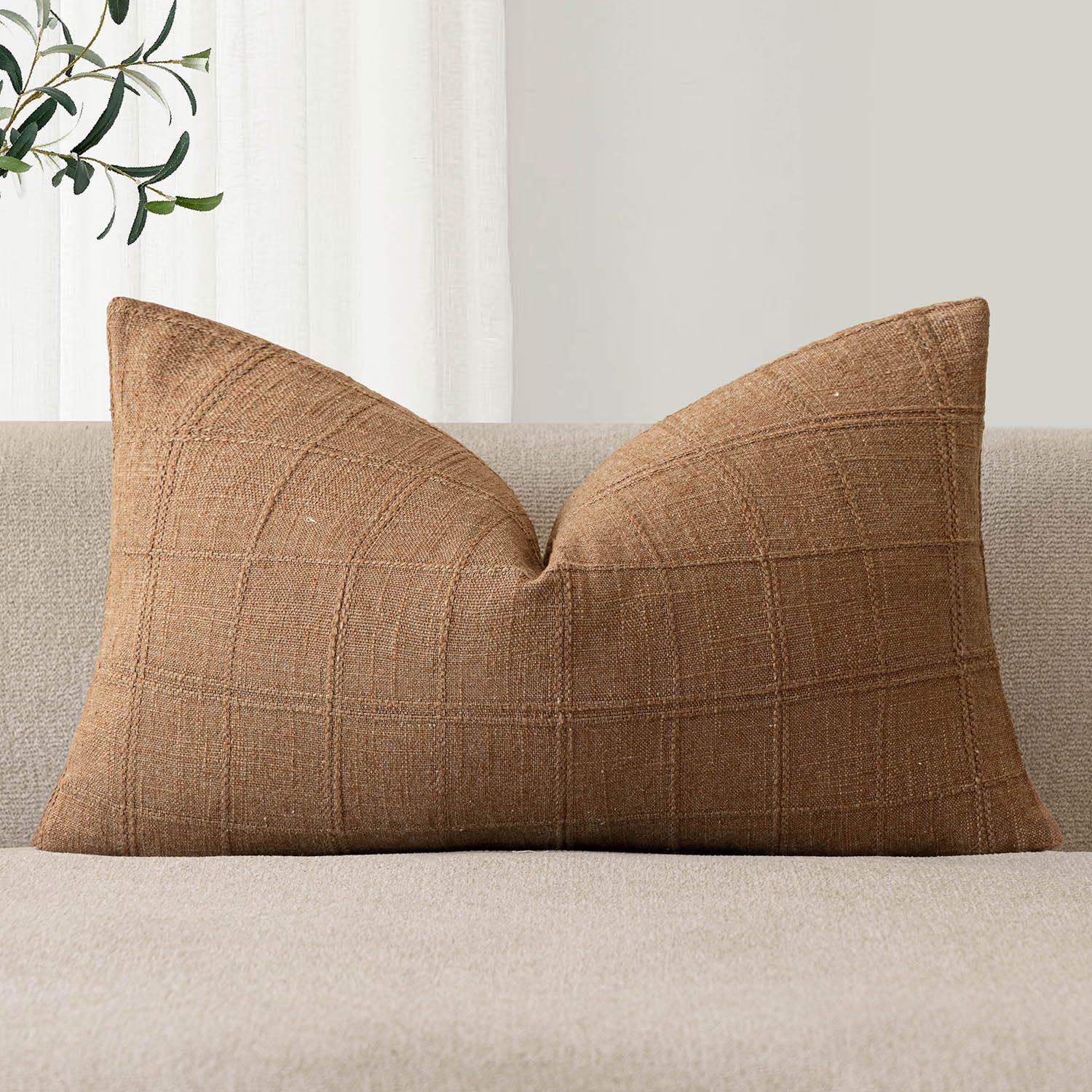 Foindtower Set of 1 Decorative Linen Check Throw Pillow Cover Neutral Farmhouse Lumbar Cushion Cover Modern Boho Home Decor for Sofa Chair Couch Bedroom Living Room,12×20 Inch,Brick