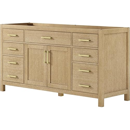 Wyndham Collection Beckett 66 Inch Single Bathroom Vanity in Whitewashed Oak, No Countertop, No Sink, Brushed Gold Trim